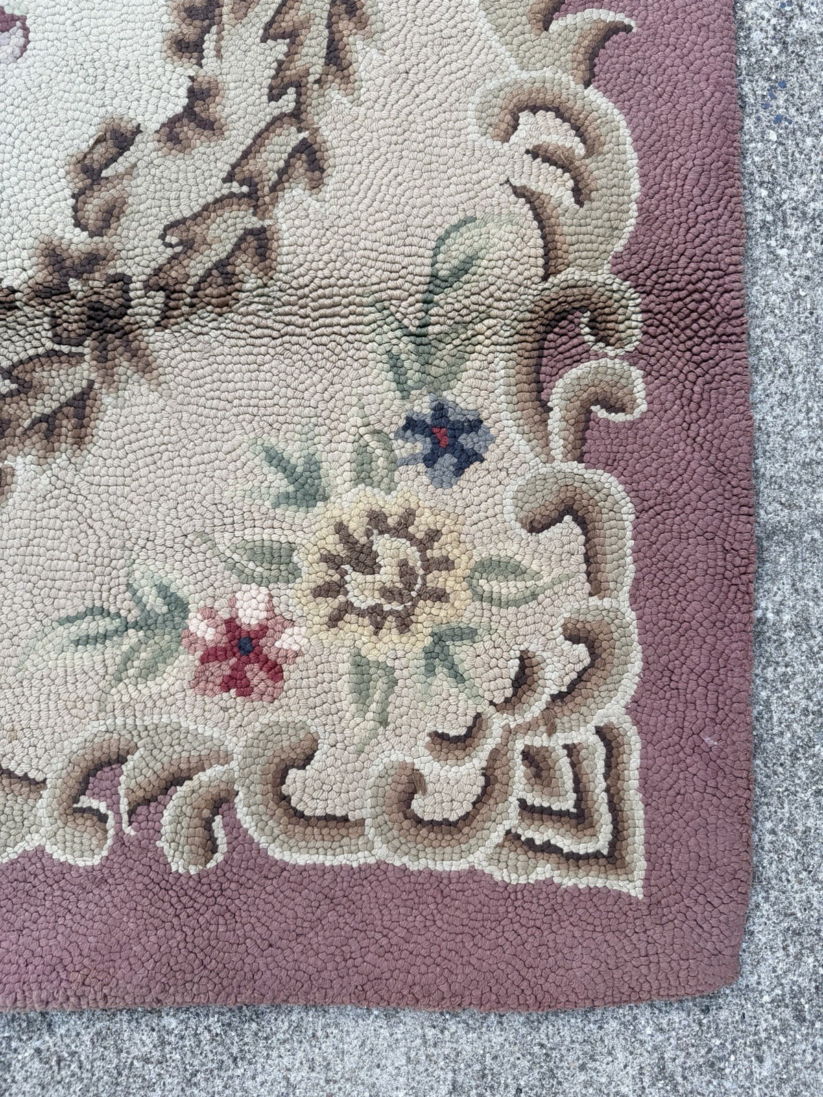 Vintage Hand Hooked Pink, Tan, Multicolor Floral Wool Area Rug, 44”x66”