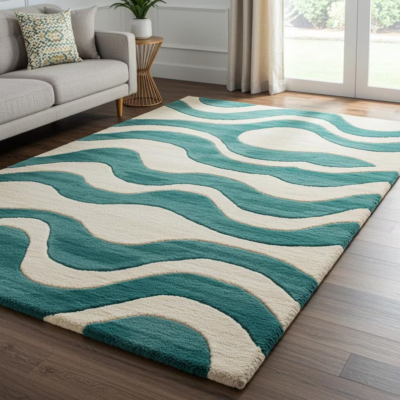 Hand Tufted Wool Rug, Abstract Teal Wave Design