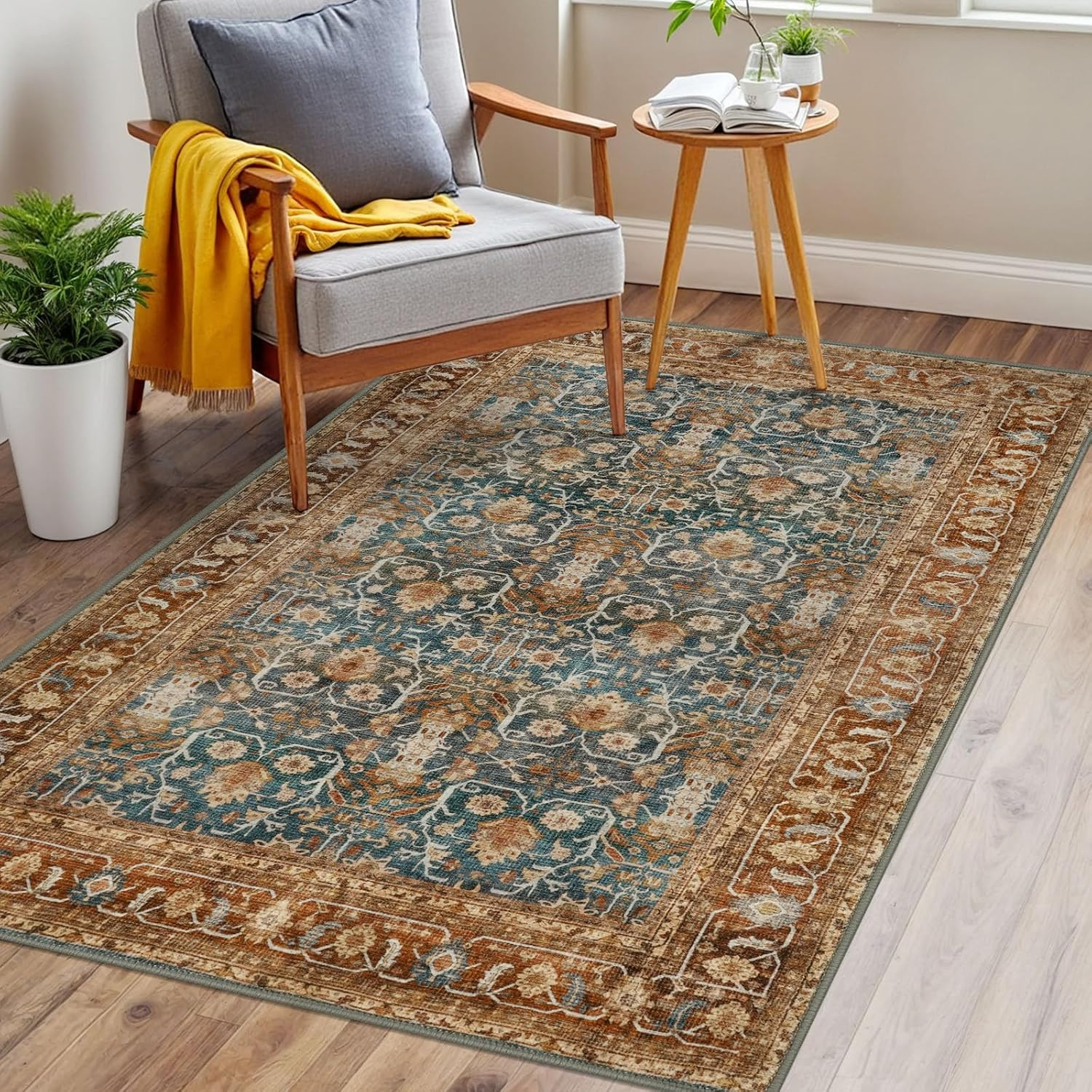 3X5 Washable Area Rug for Entryway, Ocean Rust Soft Tribal Floral Rug with Slip-