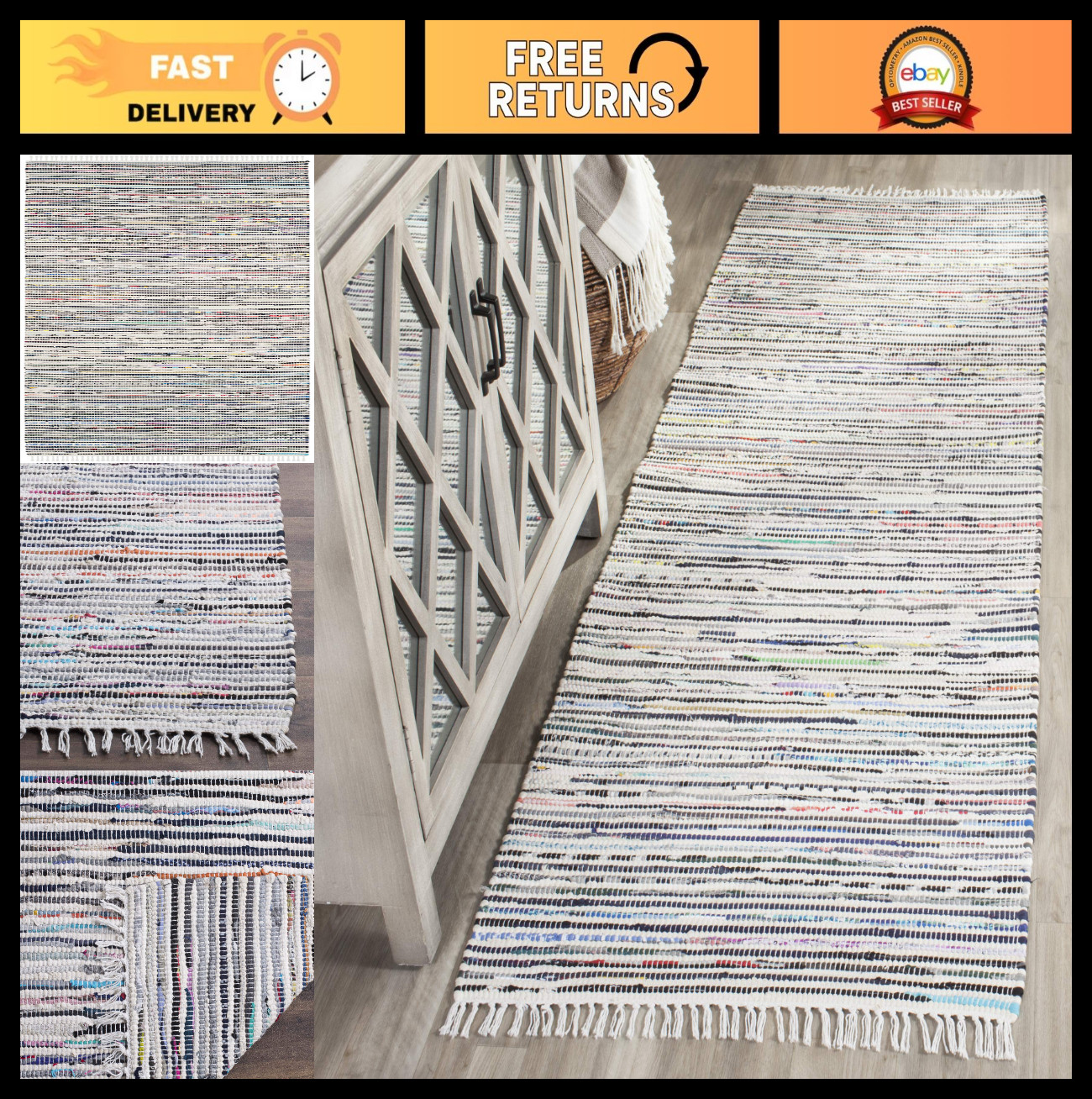 Handmade Boho Stripe Runner Rug 2’3″ x 7′, Ivory & Multi, Cotton, High Traffic A