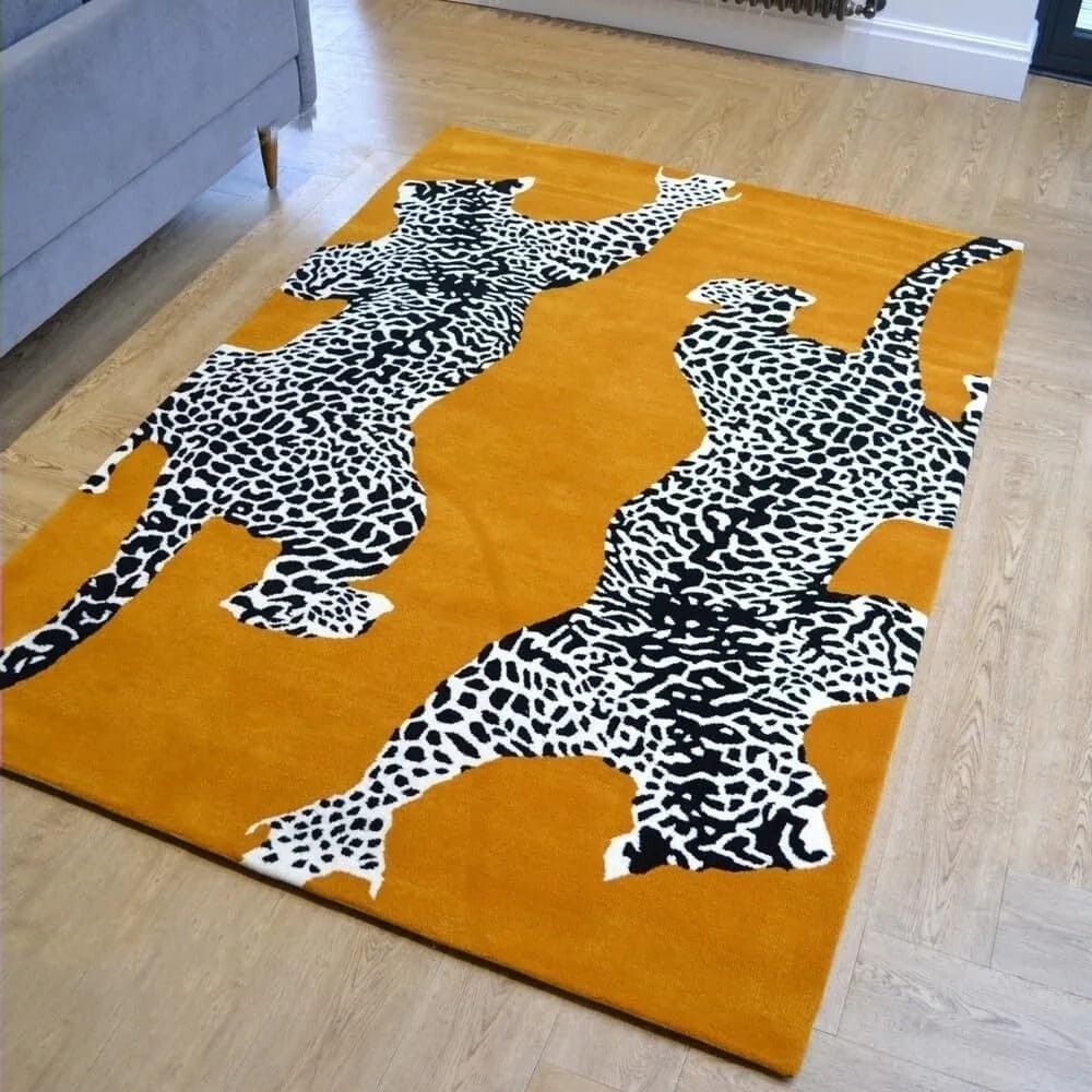 Two Climbing Leopard on Golden Surface Modern Handmade Tufted Area Rugs.