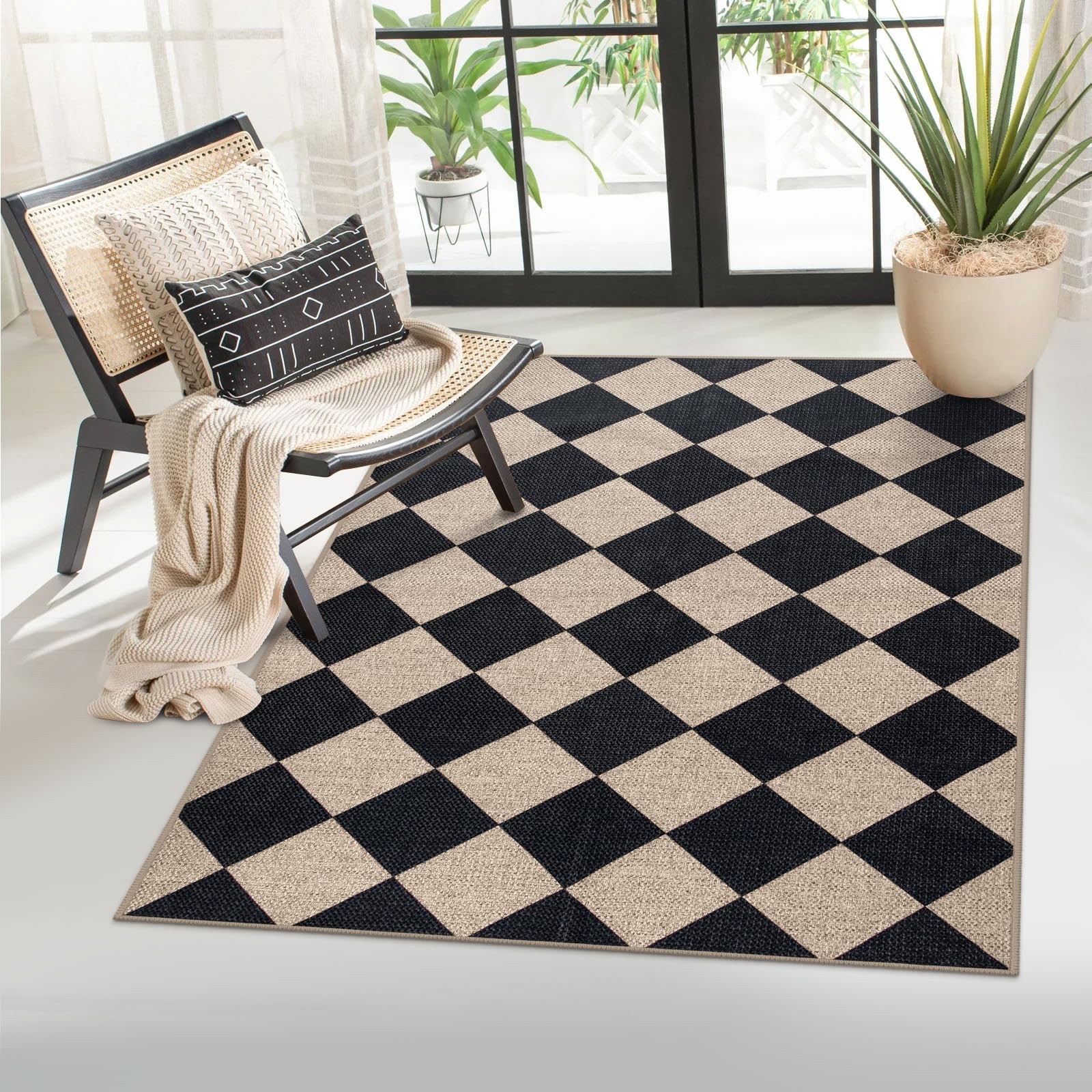 Colette Checkered Easy Jute 3×5 Outdoor Patio Rug, Washable Rugs for Entryway…
