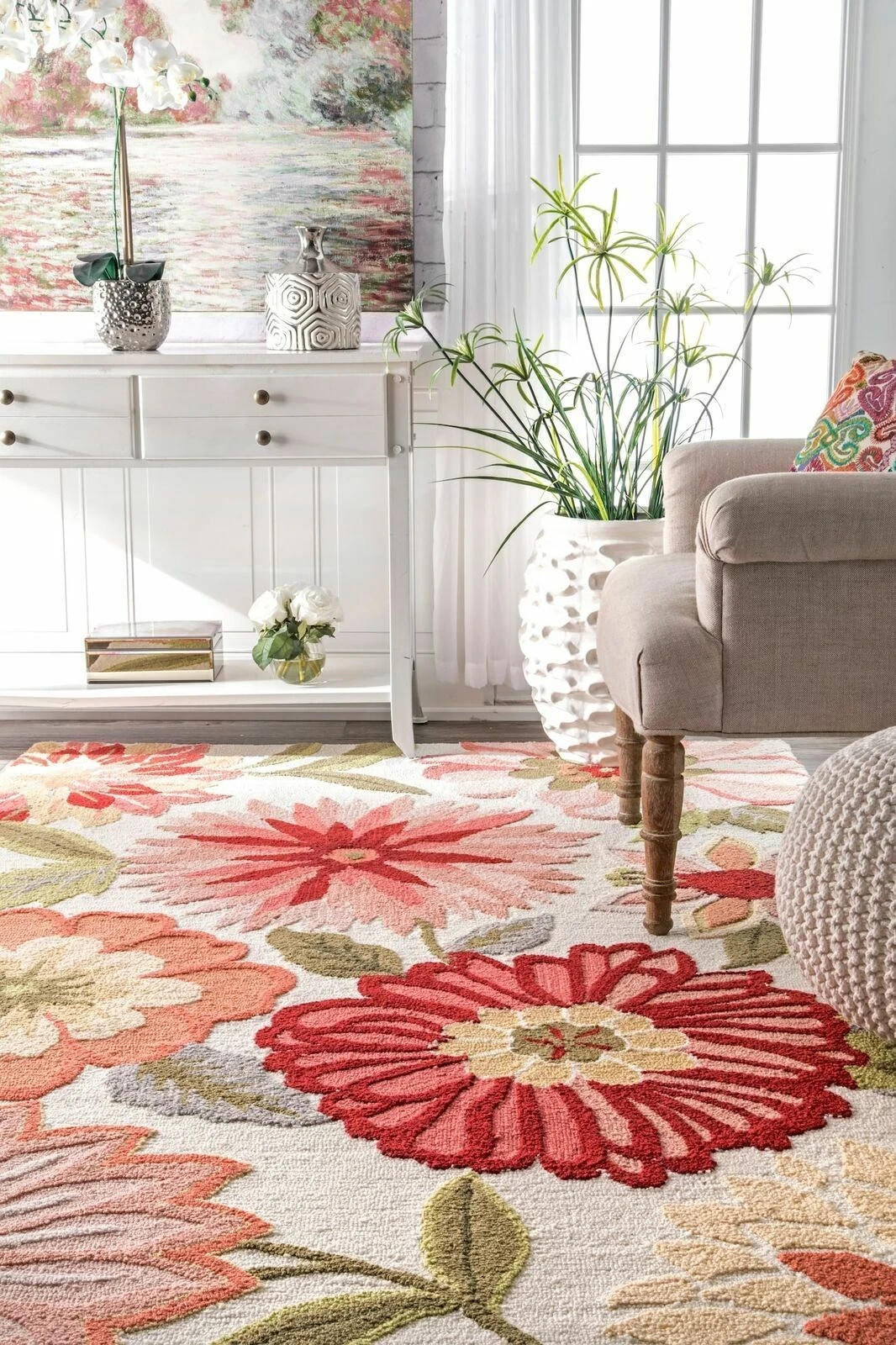 New Hand Made Country Floral Area Rug in Ivory, Pink, Red, Green