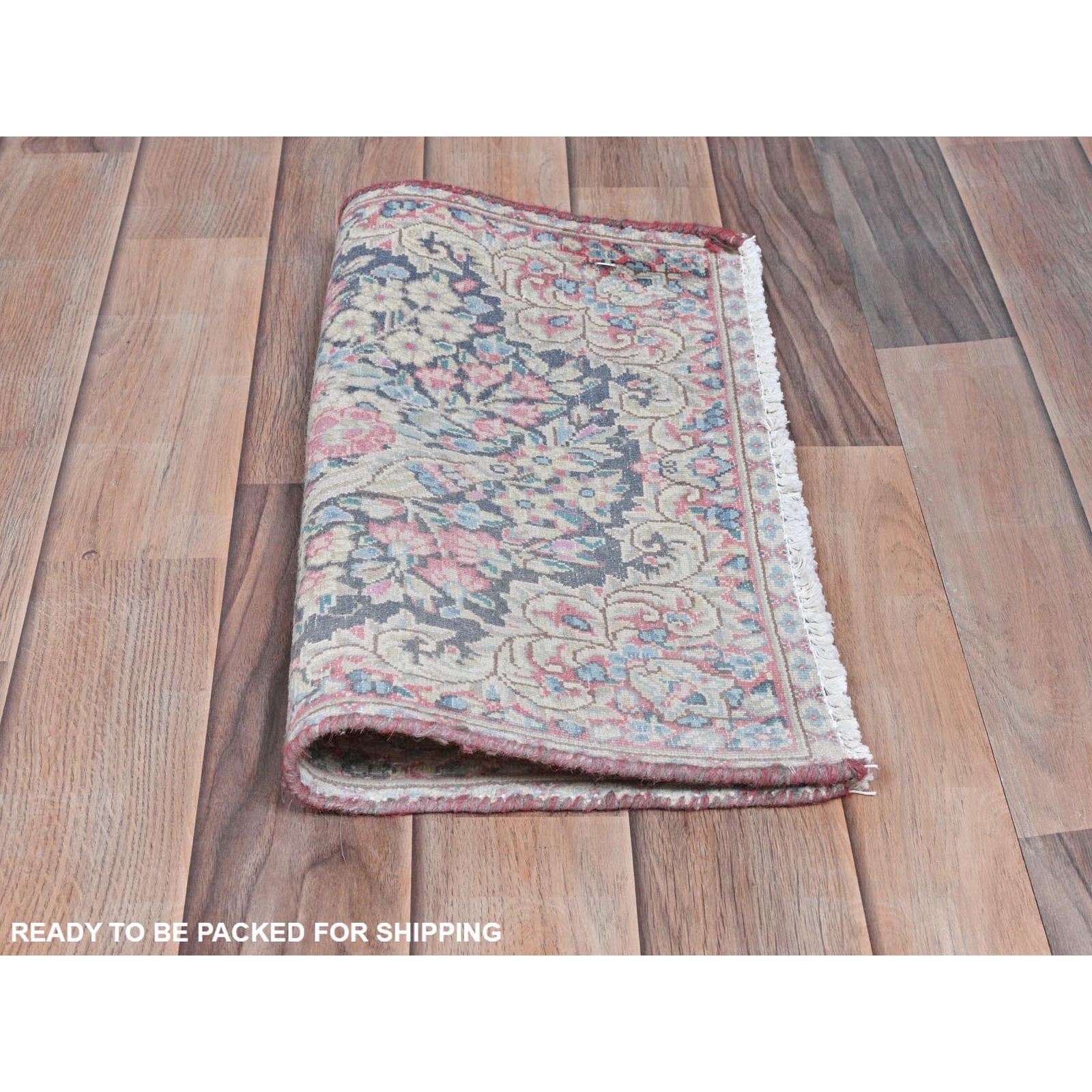 1’9″x1’9″ Colorful Hand Knotted Old Farsian Karman Worn Wool Square Rug R81953