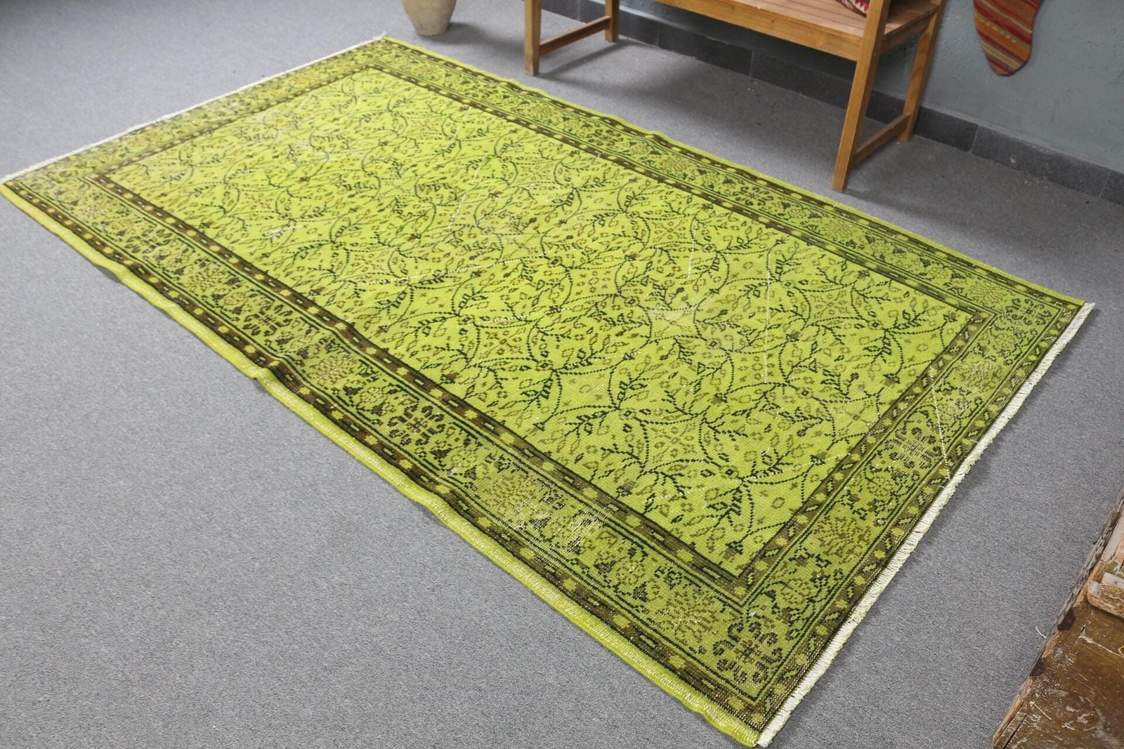 Turkish Rug, 5×8,5 ft Vintage Rug, Green Black Handmade Wool Rug