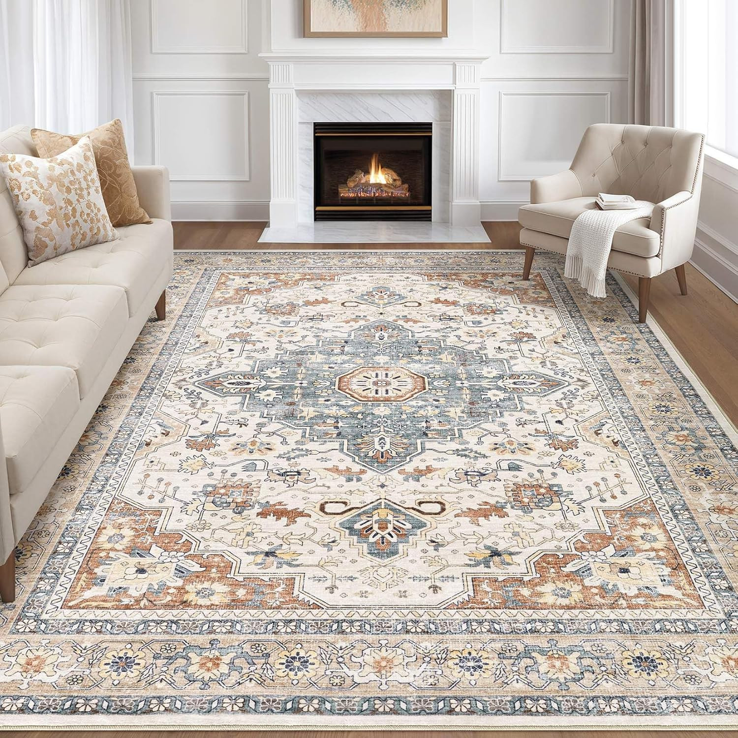 Boho 9×12 Washable Area Rug – Soft Vintage Non-Slip Carpet for Any Room