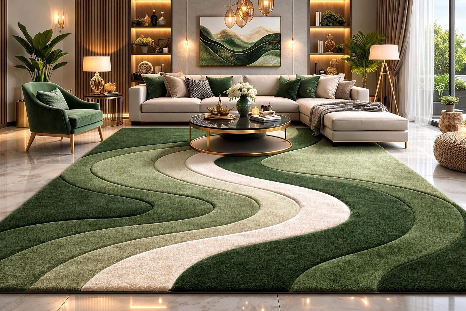 Green Abstract Wave Area Rug – Hand Tufted High Pile Carpet, Sage Ivory Designer