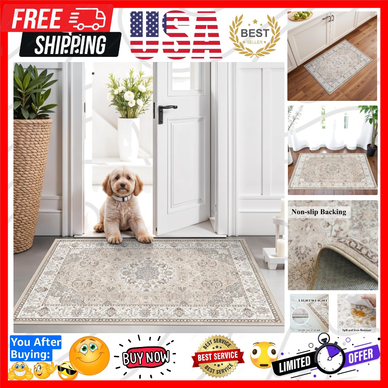 Soft 2×3 Kitchen & Bathroom Runner Rug – Washable & Stain Resistant Beige