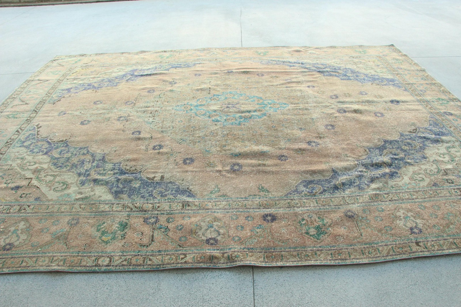 Turkish Vintage Rug, Oversize 12,6×9,7 ft Rug, Blue Plants & trees Wool Rug