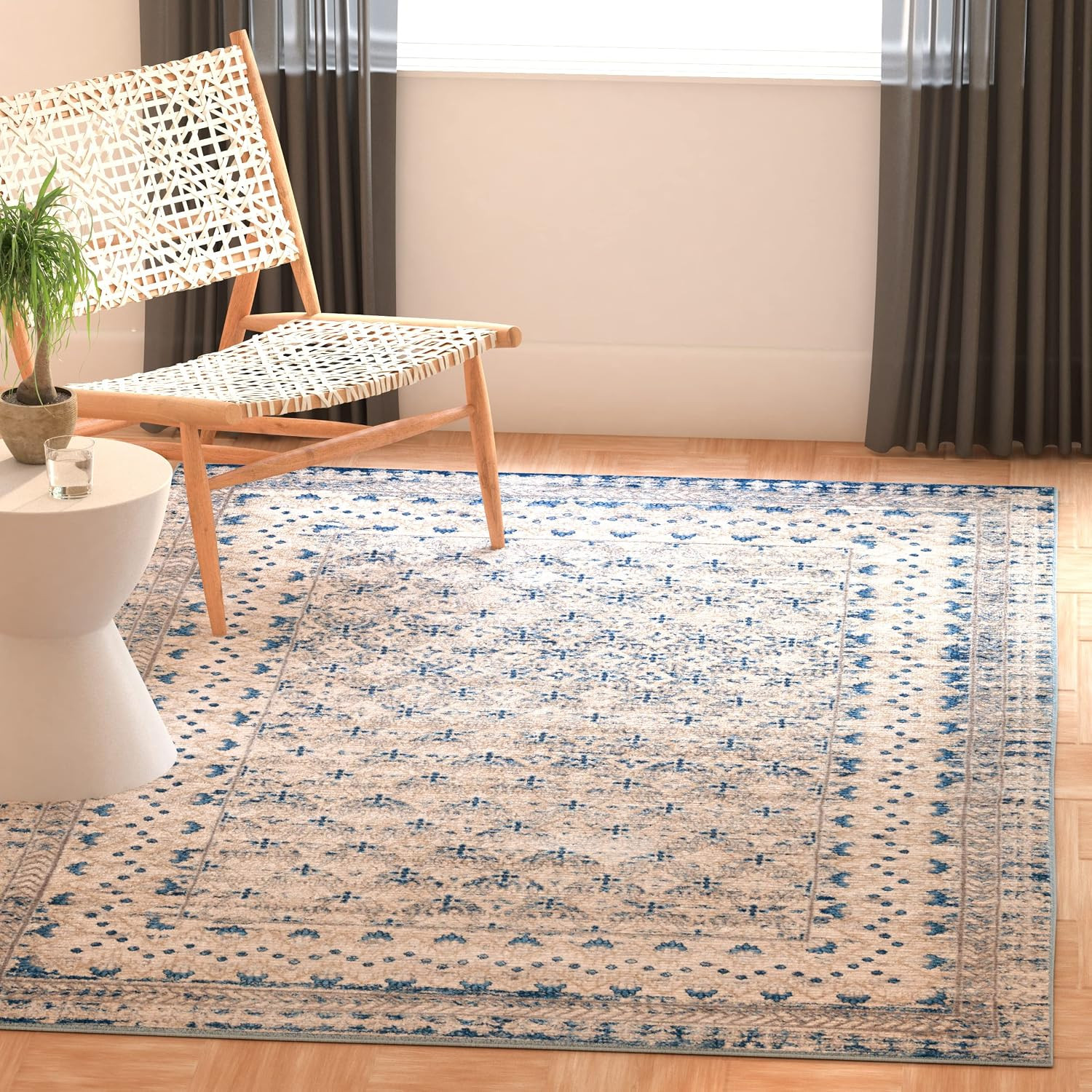 Brentwood Collection Area Rug – 3′ Square, Light Grey & Blue, Traditional Orient
