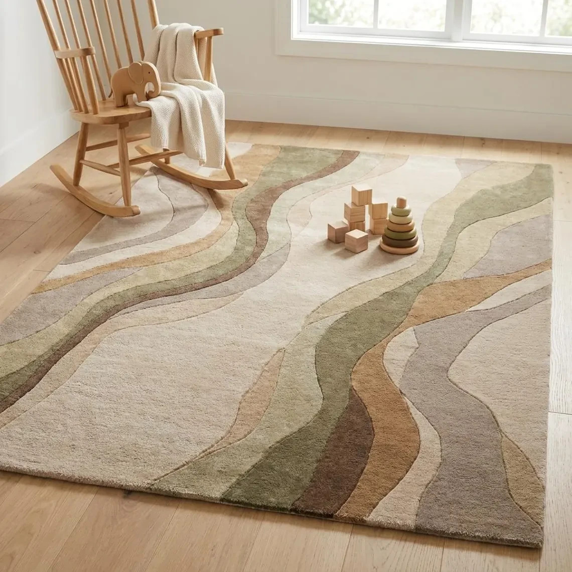 Modern Hand Tufted Wool Area Rug Neutral Abstract Beige Green Living Room Carpet