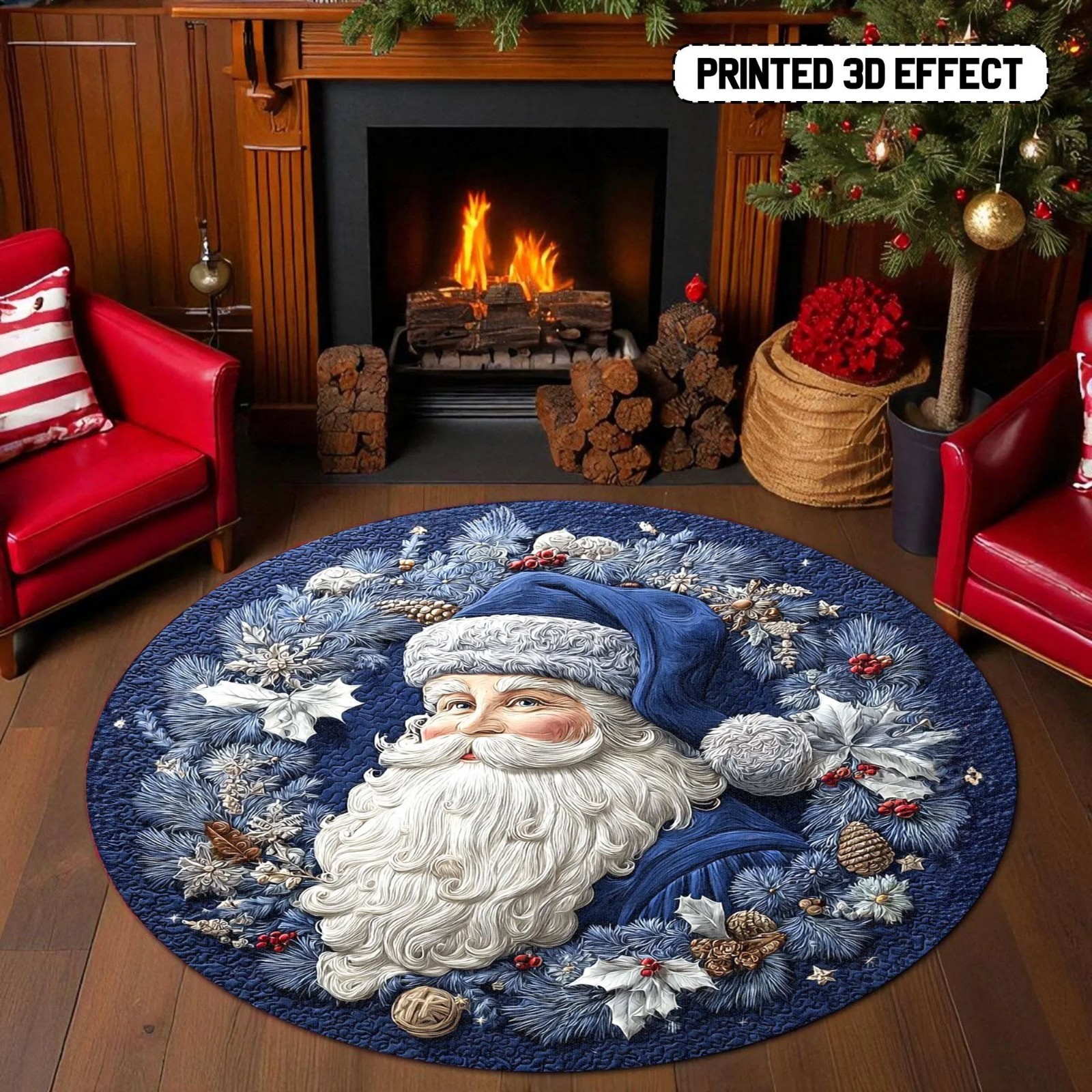 Blue Santa Claus Rug 3D Printed Christmas Round Mat Vintage Holiday Carpet Decor