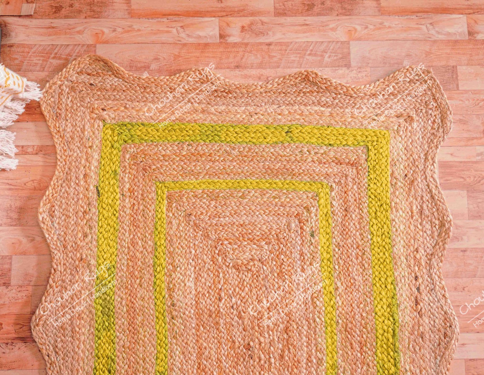 Hand Braided scallop Jute rugs with yellow border home and living room decor rug