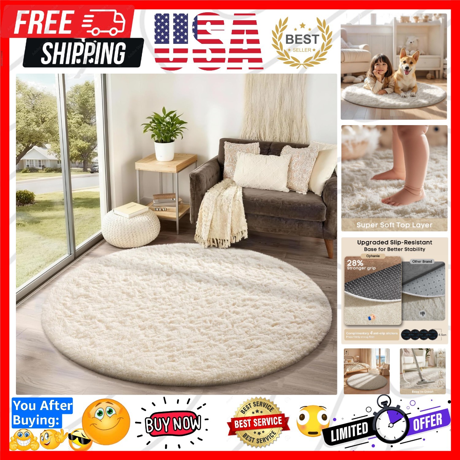 Round Rug 4Ft Ivory Circle Area Rugs, Fluffy Fuzzy Small Bedroom Carpet 4 foo…