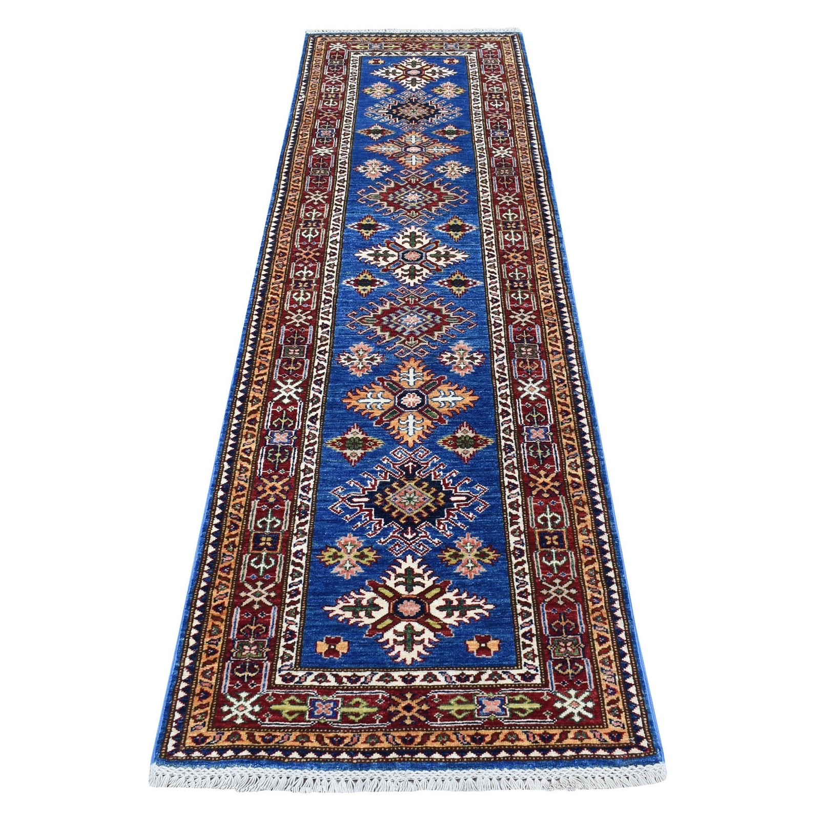 2’6″ x 8’8″ Blue Super Kazak Tribal Design Wool Hand Knotted Runner Rug R67654