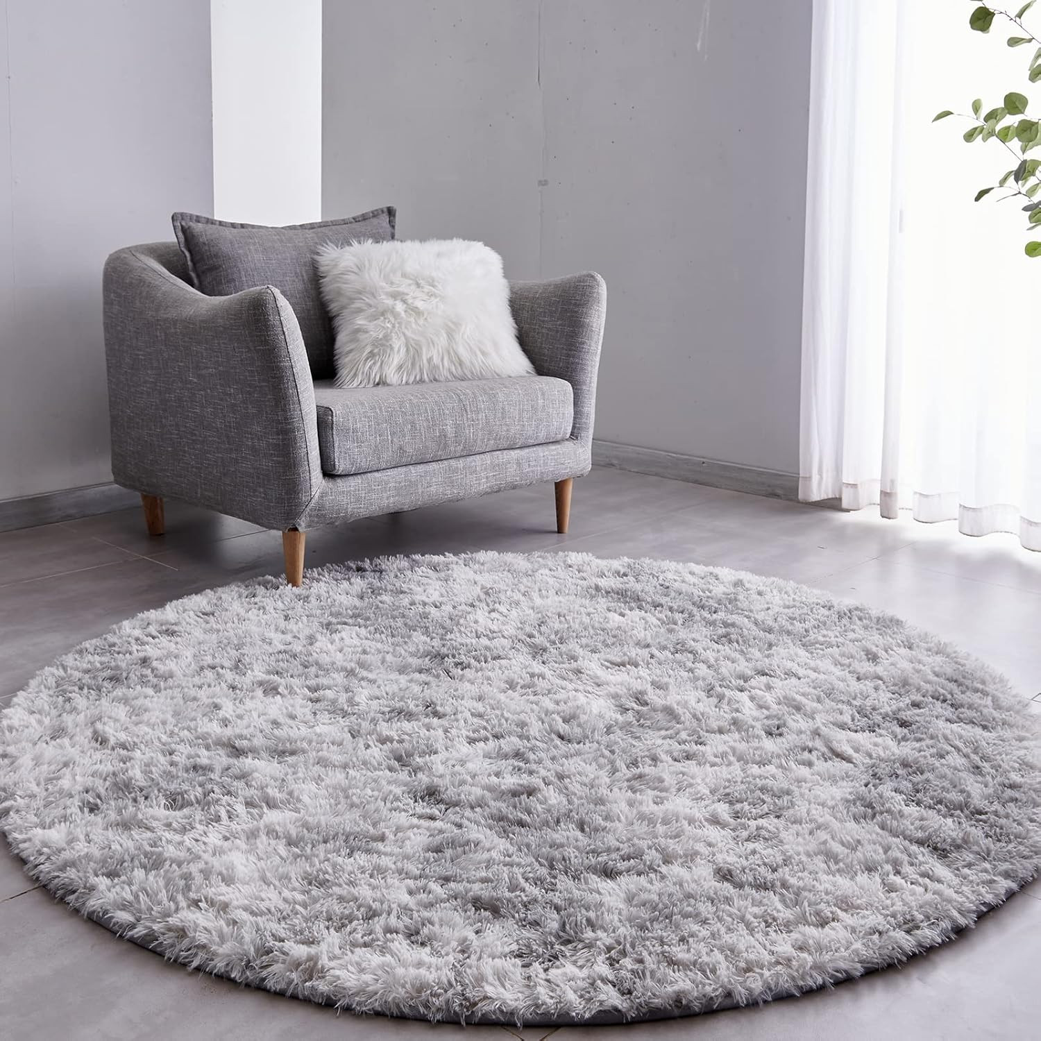 Tie-Dyed Light Grey round Rug Ultra-Soft Plush Modern 4X4 Circle Area Rug for Ki