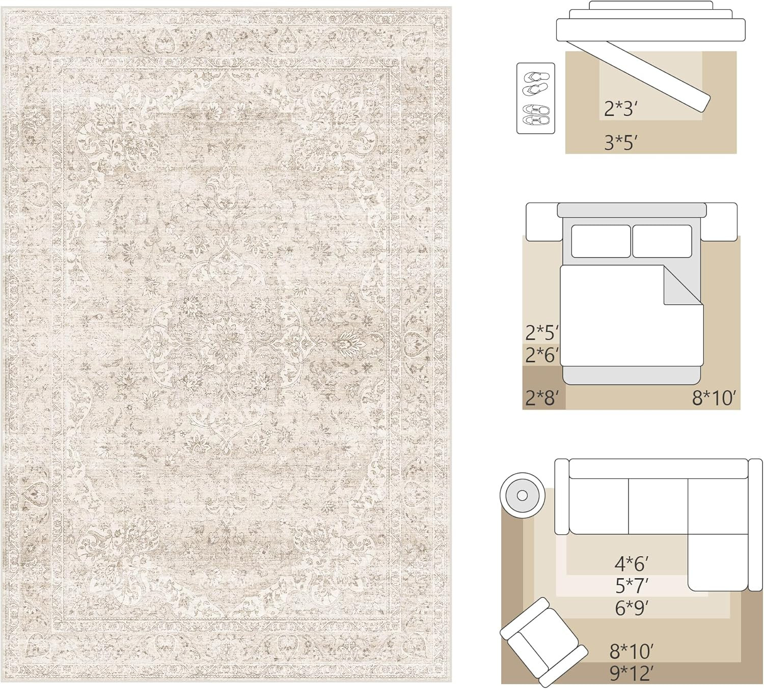 5X7 Washable Area Rug Neutral Beige Vintage Distressed Oriental Non Slip Low Pil