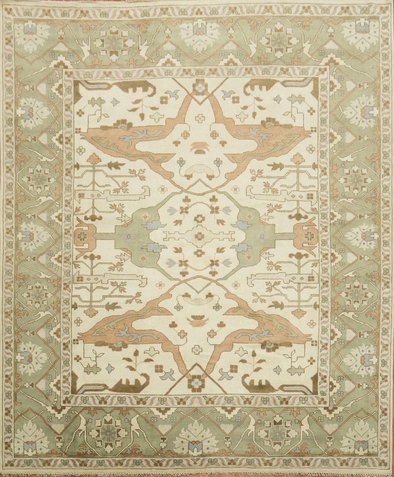 Oushak Textured Beige and Green Traditional 12×11 Large Hand-Knotted Area Rug