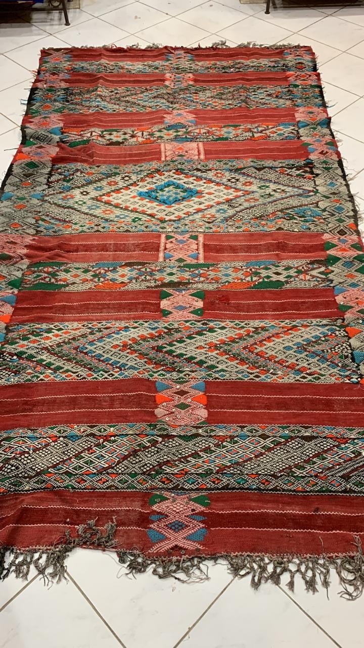 55.5 × 1’ Vintage Moroccan Berber Wool Rug Handmade Multicolor Geometric Sequins