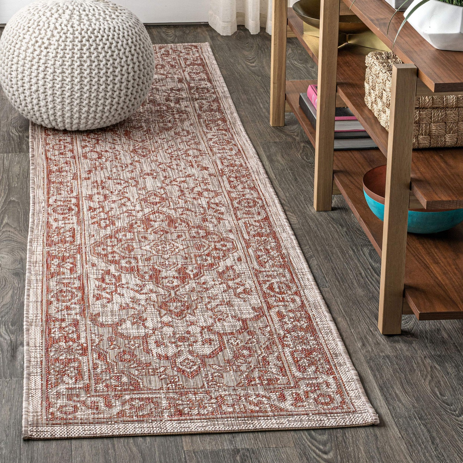 Boho Medallion Indoor Outdoor Runner Rug 2X8 Red/Taupe, Rozetta Textured Weav…