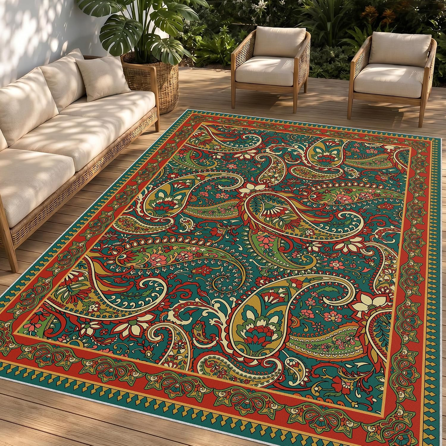Paisley Outdoor Rug Waterproof 5X8, UV Resistant Non Slip Patio Rug, Indoor Outd