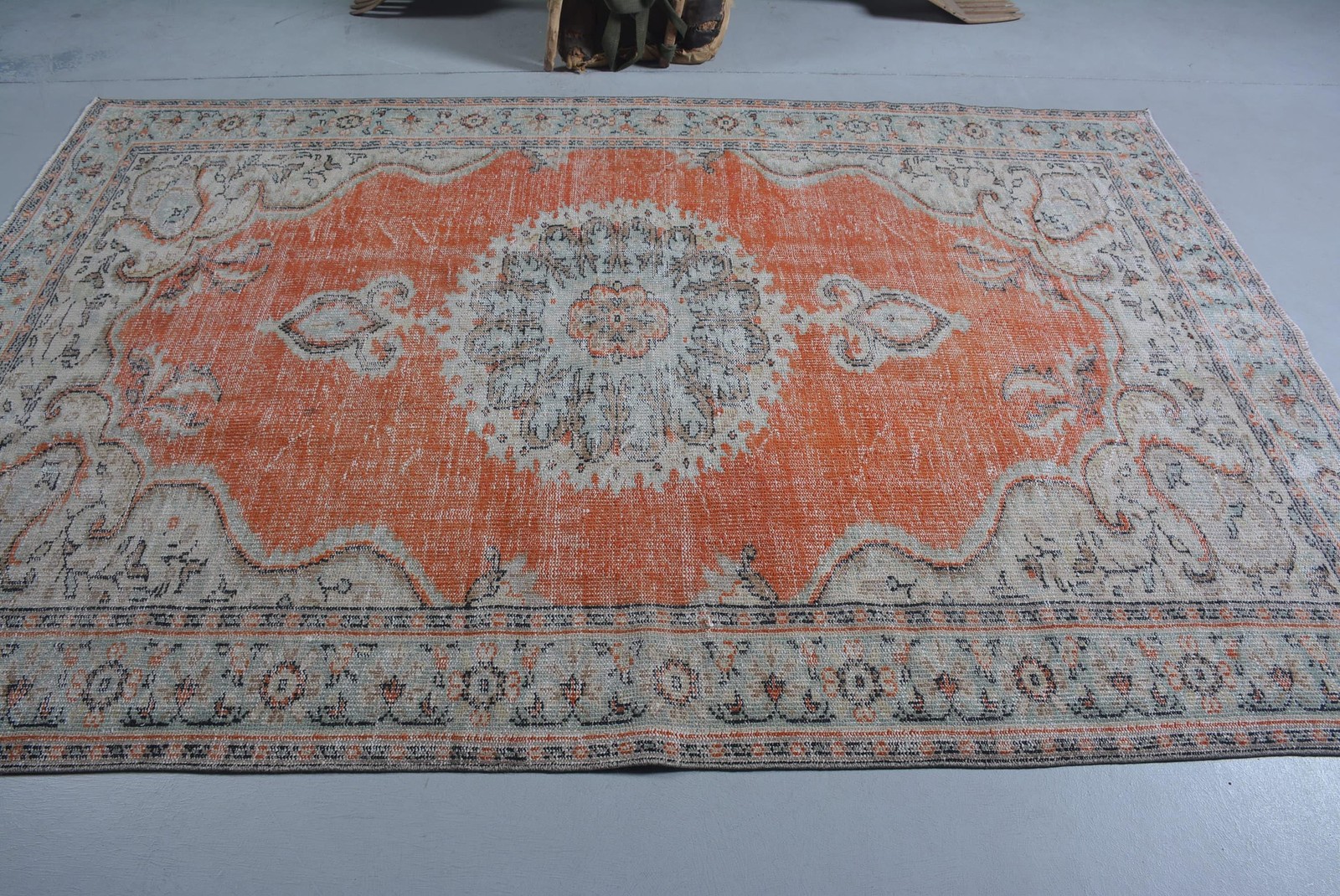 5,9×8,8 ft Rug, Vintage Turkish Rug, Orange Beige Check Wool Rug
