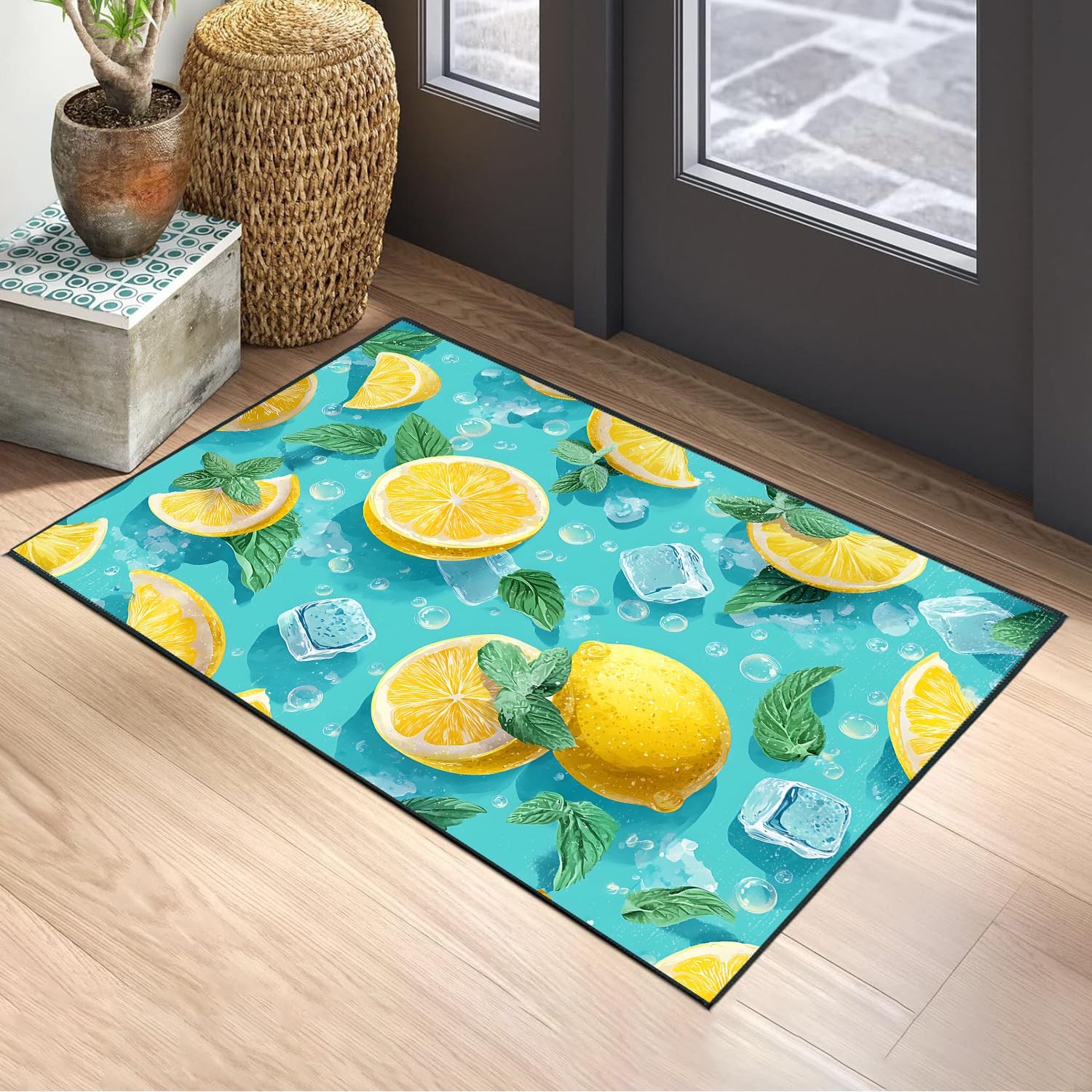 Lemon Area Rug 2×3 ft Entry Rug Washable Boho Rugs Non Slip Low Pile Floral D…