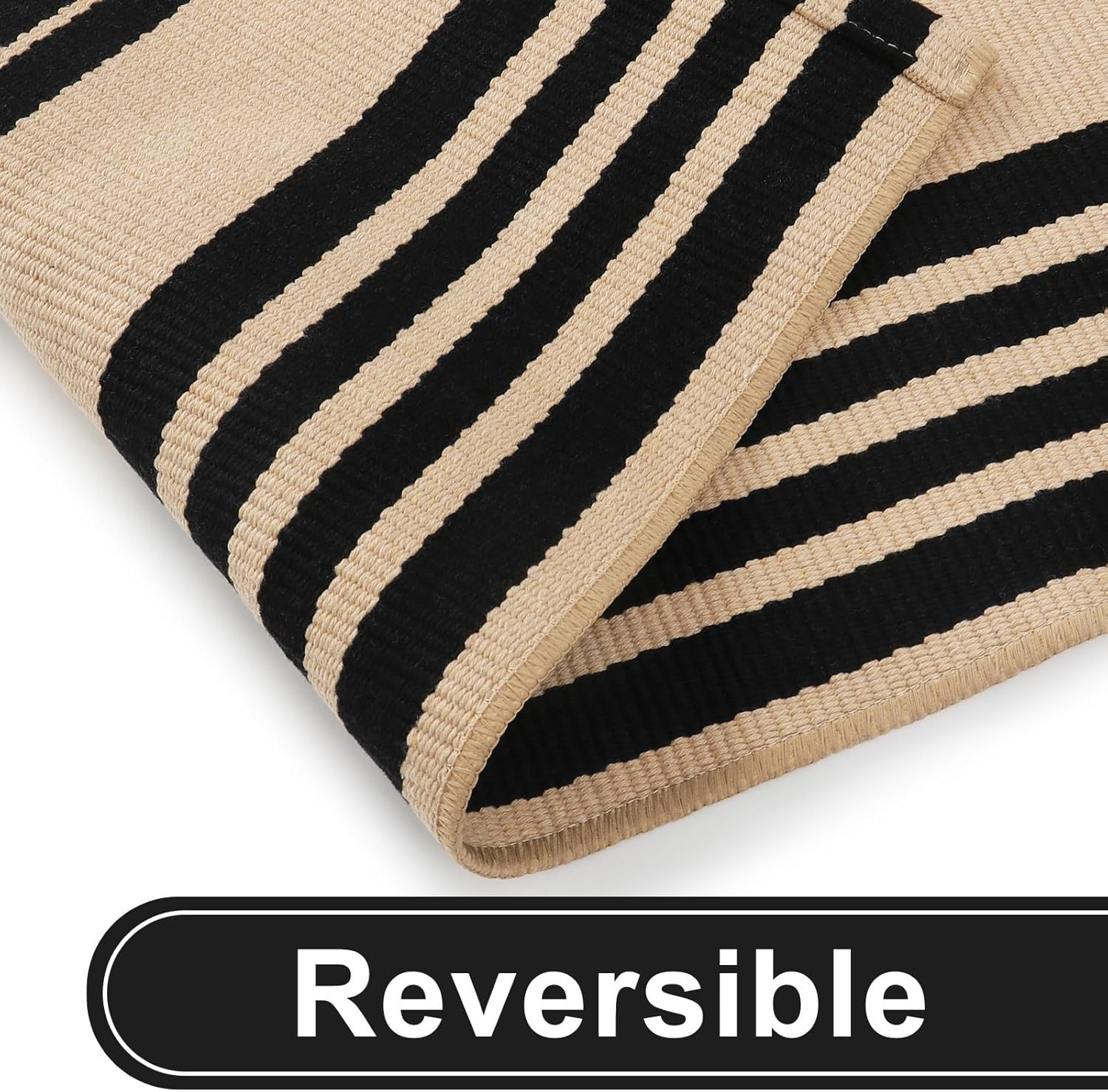 Reversible Washable 4’X6′ Black & Khaki Striped Indoor Outdoor Rug
