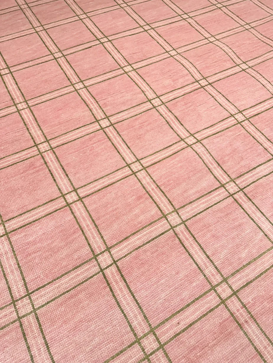 Hand Knotted Pink Plaid Wool Rug Checkered Area Carpet Custom Size Rug