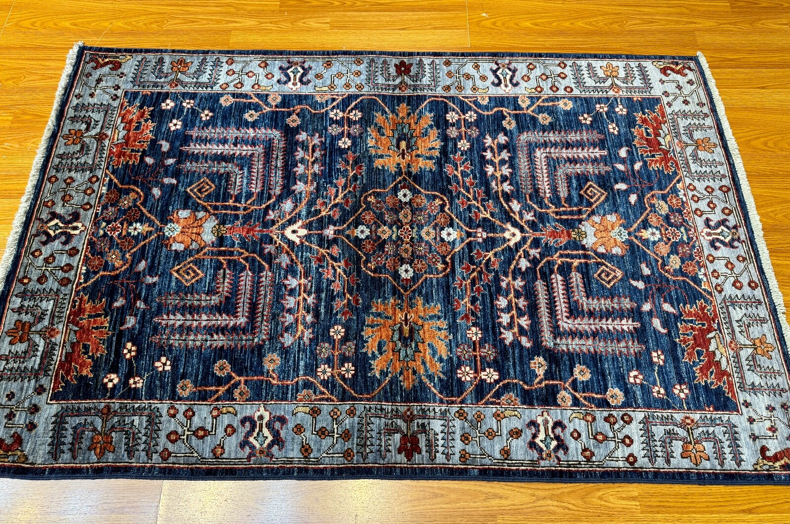 3 X 5 Ft Navy Blue Gray Afghan Hand Knotted Wool Rug