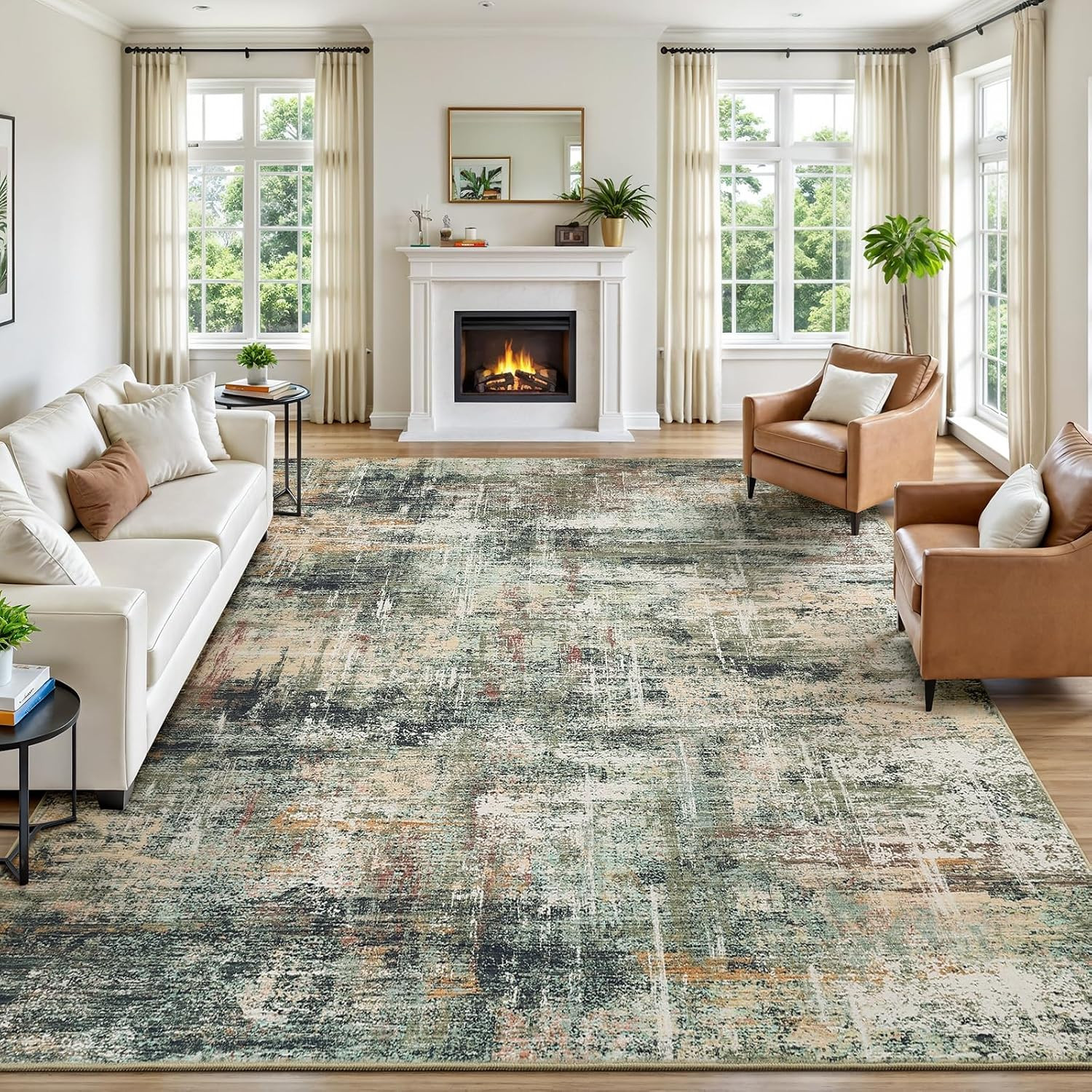 8X10 Area Rug for Living Room, Coffee Green Abstract Large Rugs with Non-Slip Ba