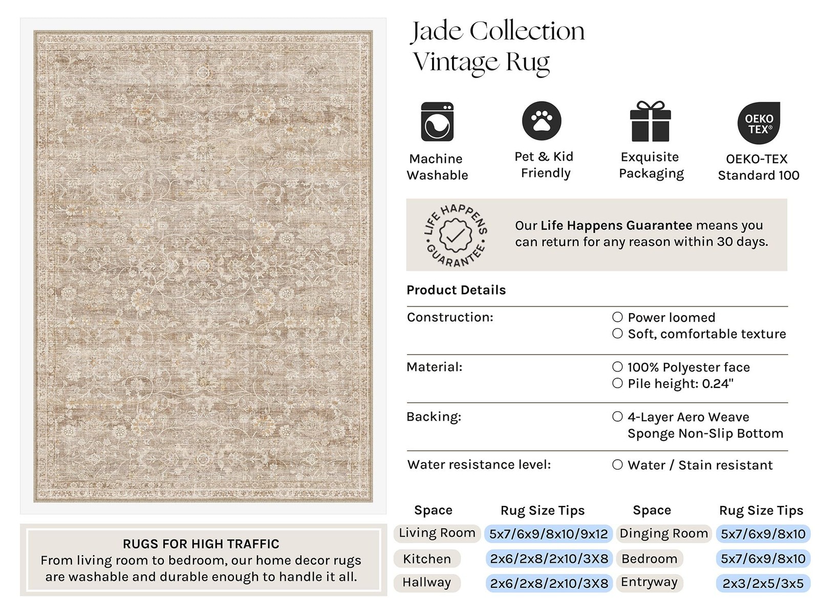 HUGEAR Rug 5×7 Retro Beige