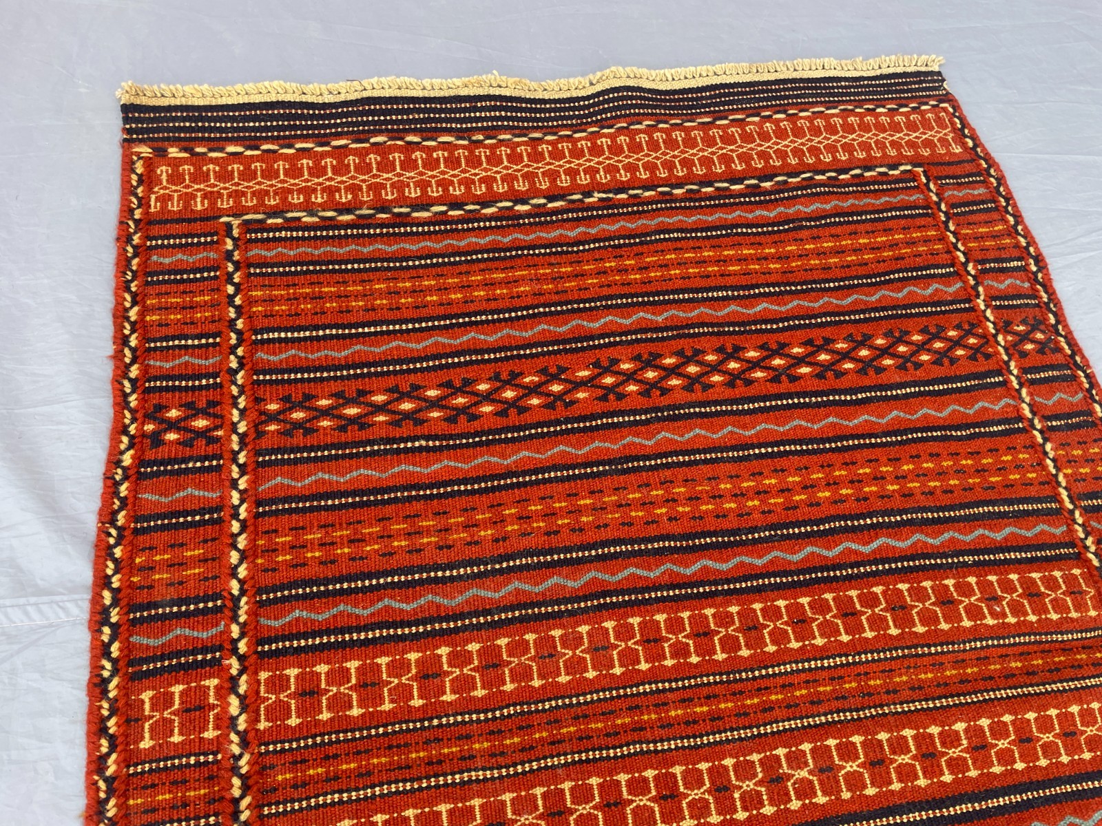 3’4 x 4’1 Ft Handmade Afghan Kilim – Bold Tribal Stripes in Warm Red and Blue