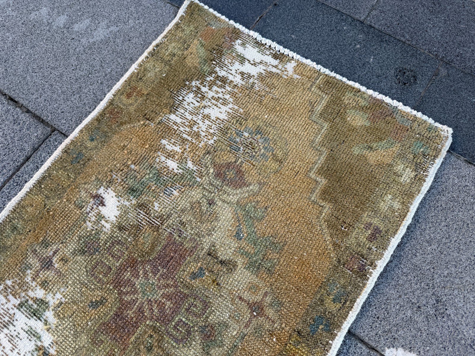 Vintage Turkish Rug 1.6×3.1 ft Olive Green Distressed Anatolian Accent Rug Wool