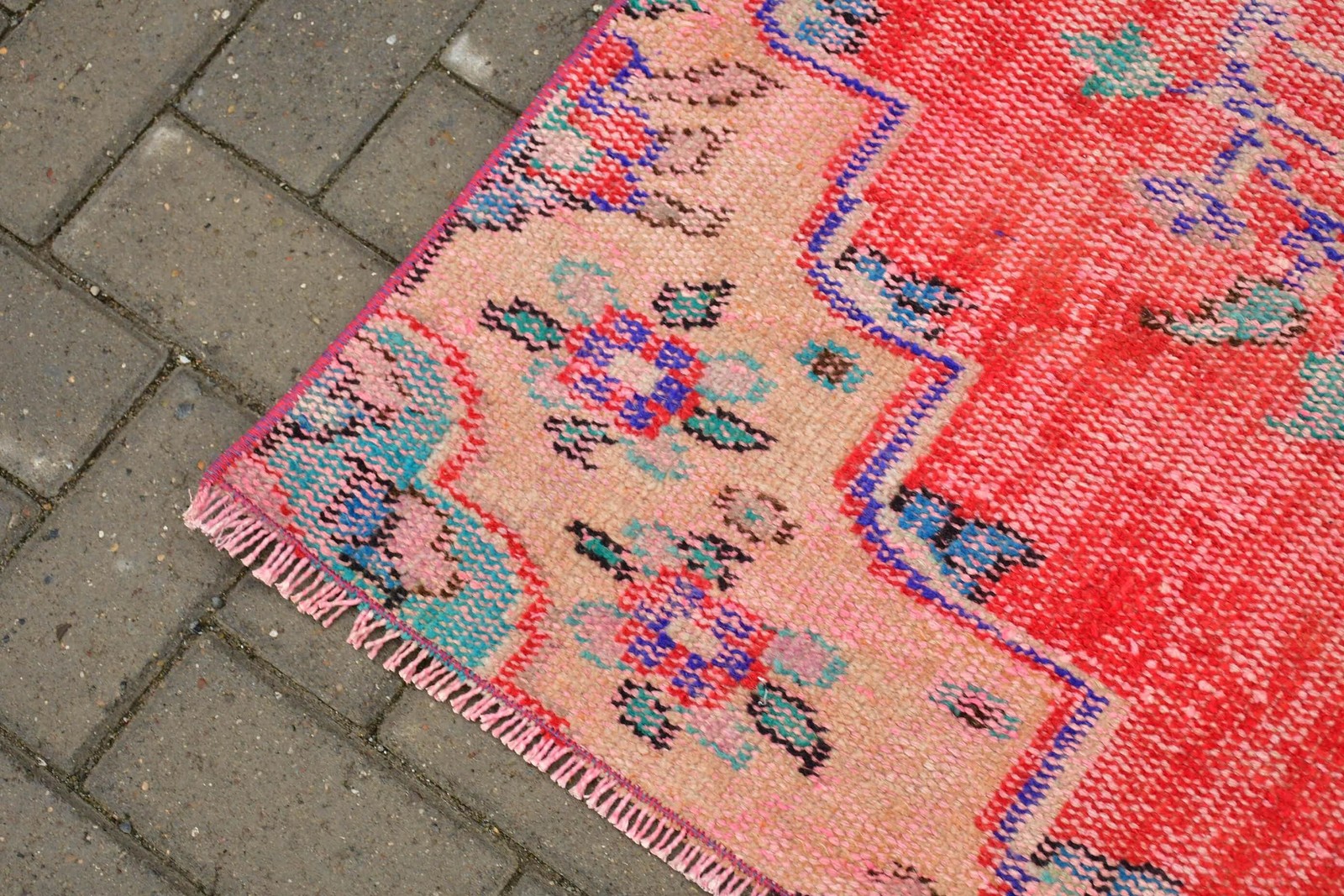 Vintage 3,7×7,8 ft Rug, Area Turkish Rug, Red Blue Ikat Wool Rug