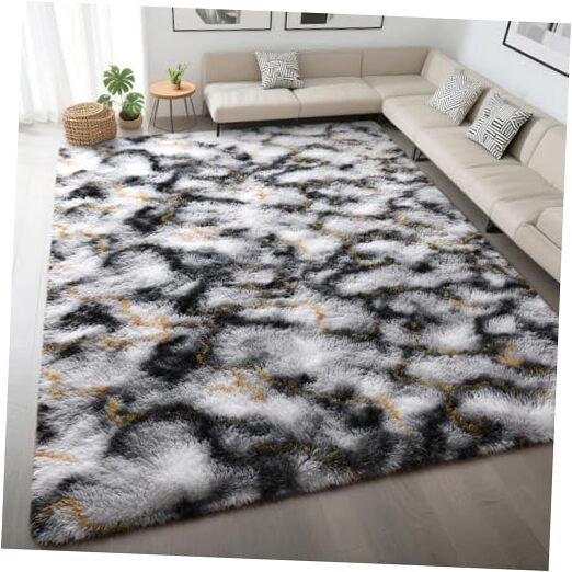 Fluffy Black White Gold Rugs for Bedroom Living Room, 4×6 Feet Soft Plush