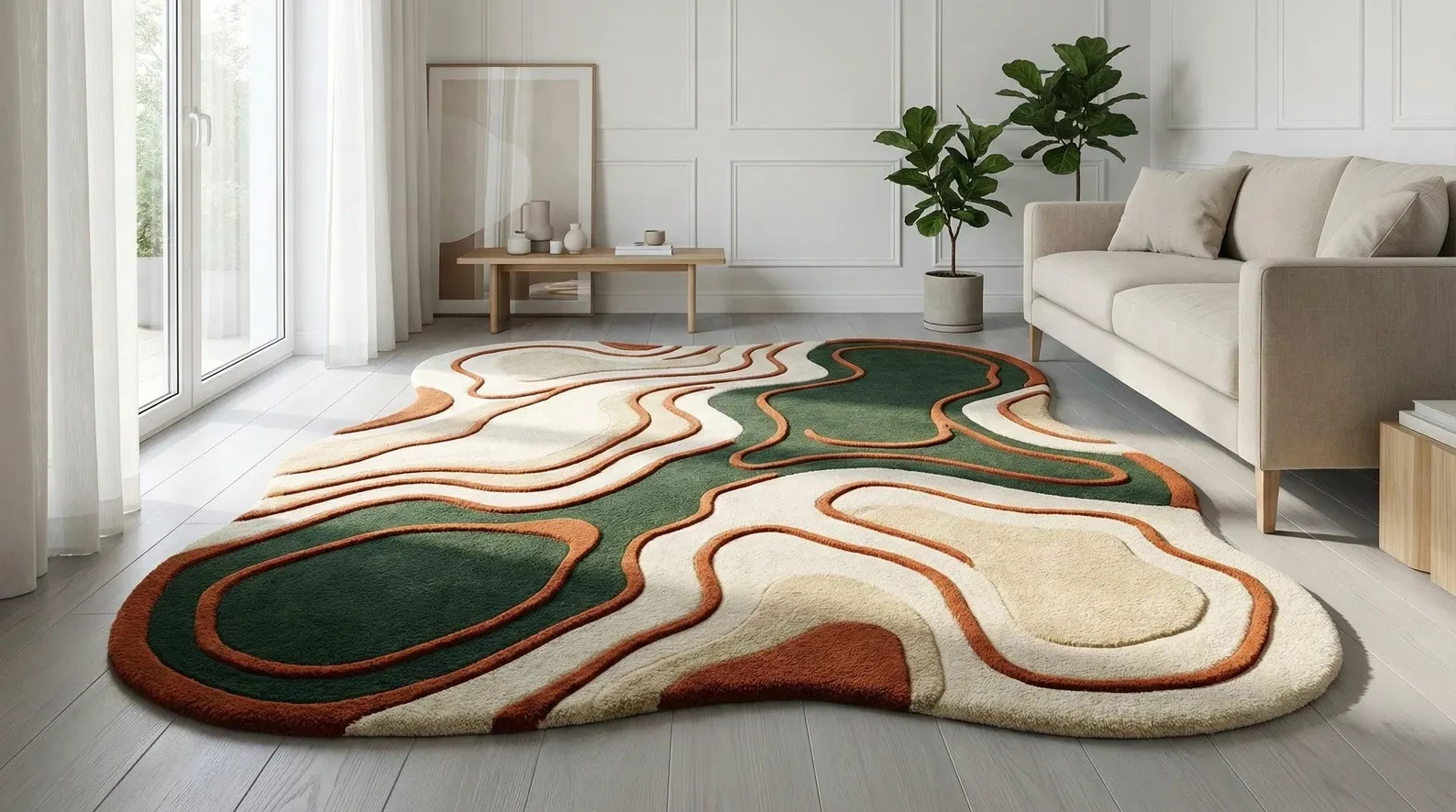 Modern Hand Tufted Rug Wavy Abstract Organic Green Orange Mid Century Area Rug.