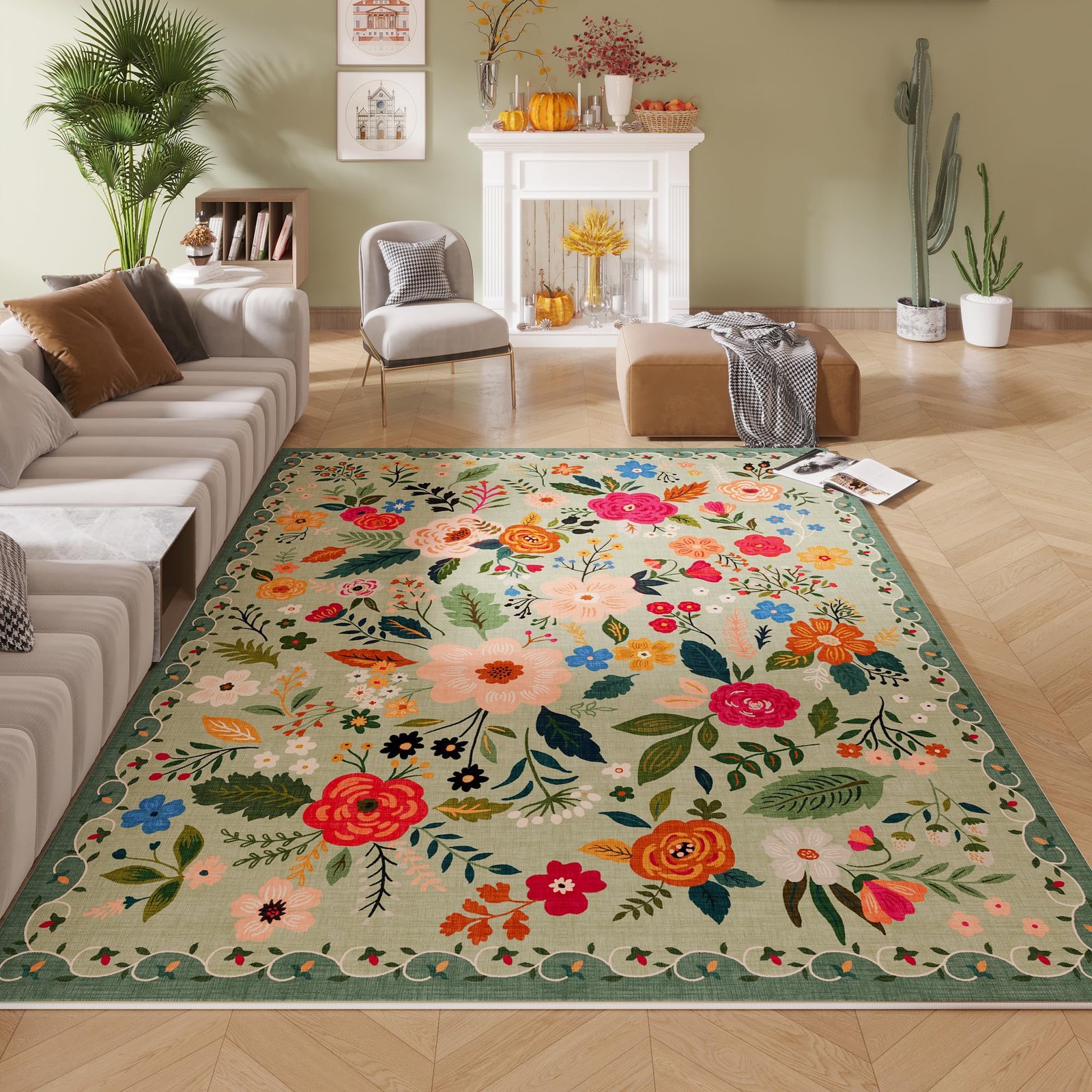 Living Room Rug 5×7 Rug Machine Washable Boho Area Rug Non Slip Floral Vintag…
