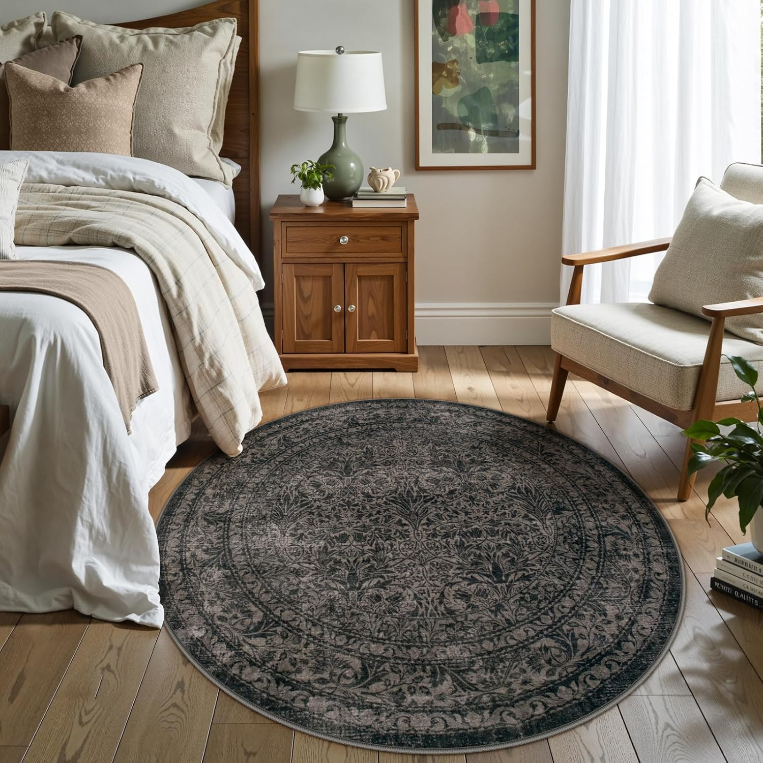 Vintage Floral Black Round Rug 6ft – Non-Slip, Stain Resistant Carpet