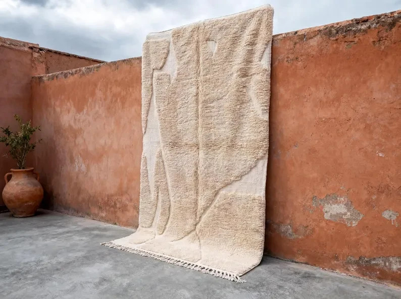 Off-White Moroccan Beni Ourain rug, Handwoven Cream Wool Berber carpet