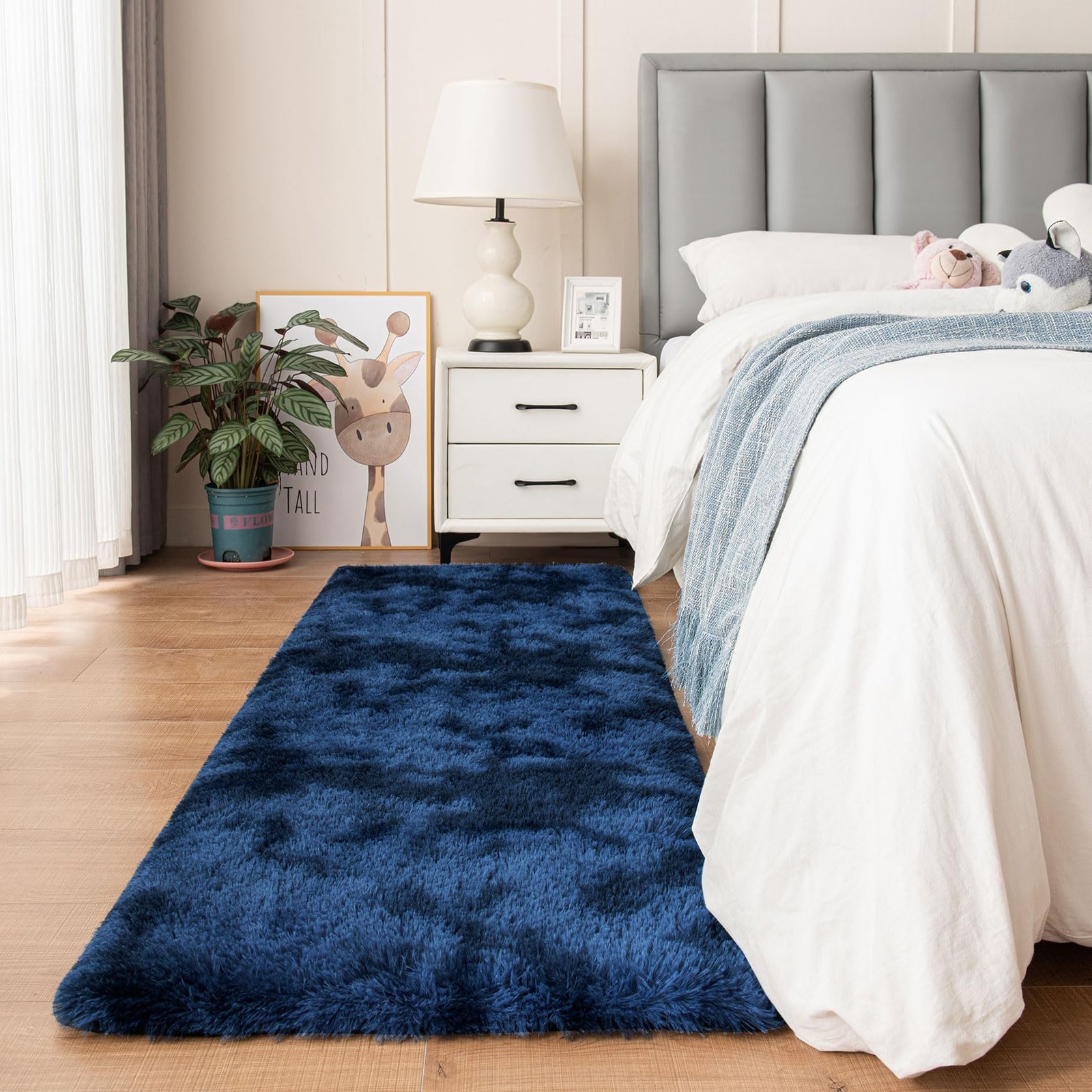 Navy Blue Fluffy Plush Runner Rugs 2×6 ft Tie Dye Rectangle Shag Rug for Bedr…