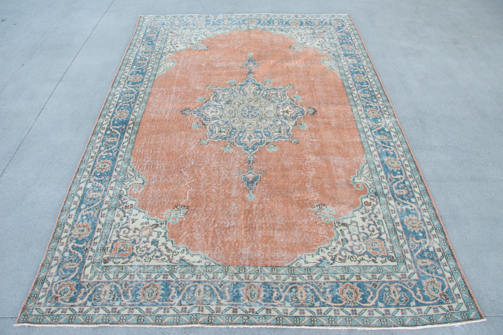 6,8×9,7 ft Rug, Turkish Vintage Rug, Orange Blue Polka dot Rug