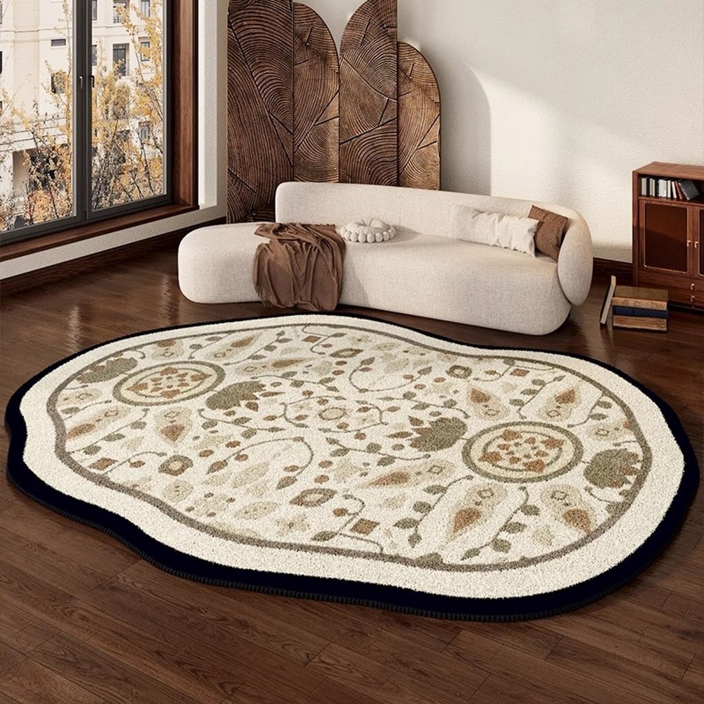 Black Beige Brown Floral Print Irregular Shaped Rug Modern Minimalist Cozy Rugs