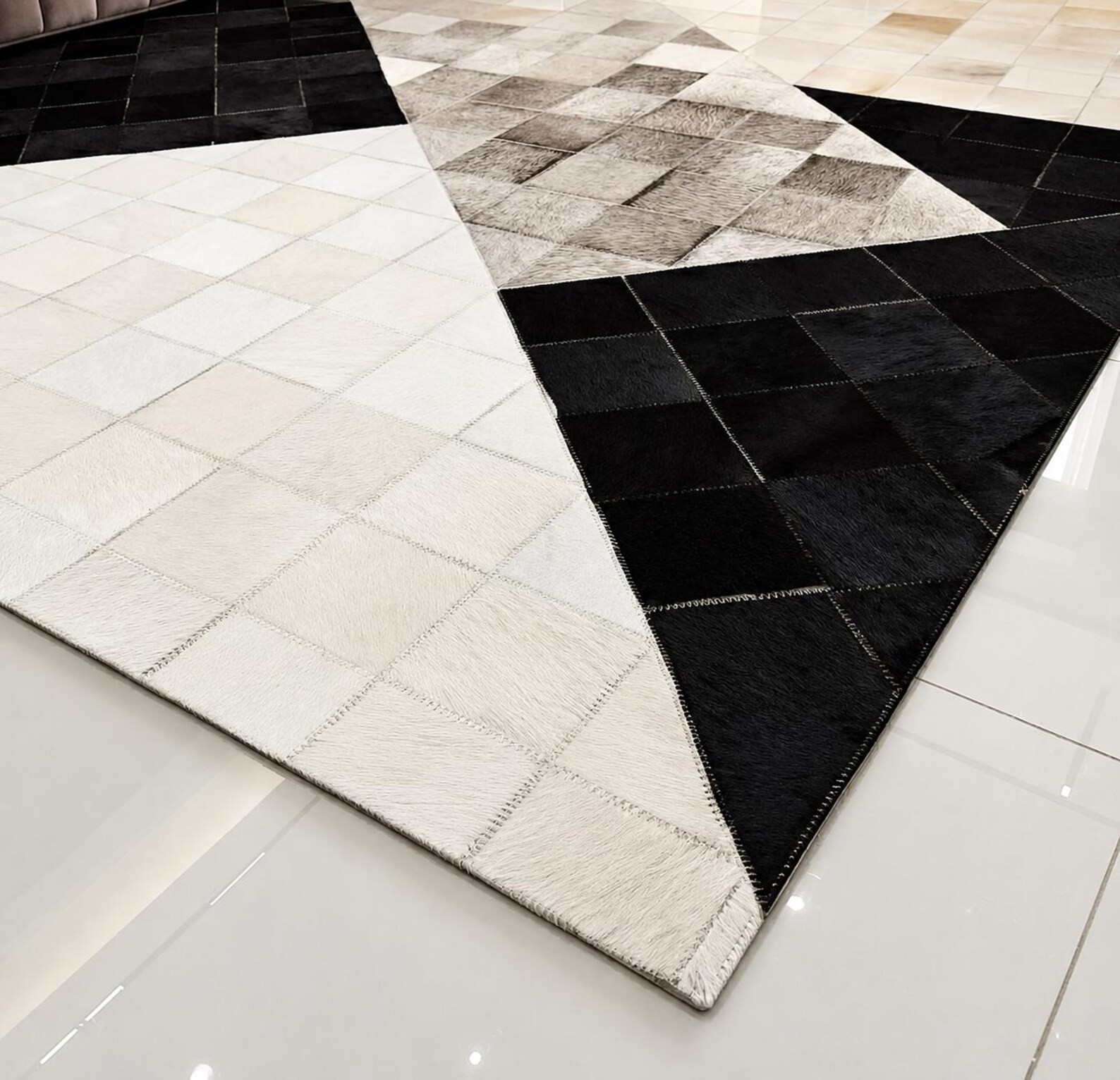 Modern Geometric Cowhide Patchwork Rug Handmade Leather Area Rug Black Ivory Bei