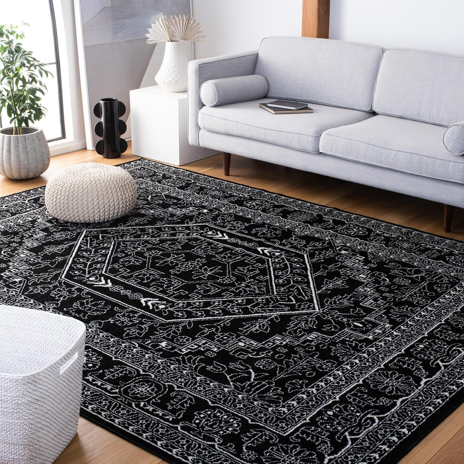 Adirondack 9′ X 12′ Area Rug, Black & Ivory Medallion, Easy Care, Non-Shedding