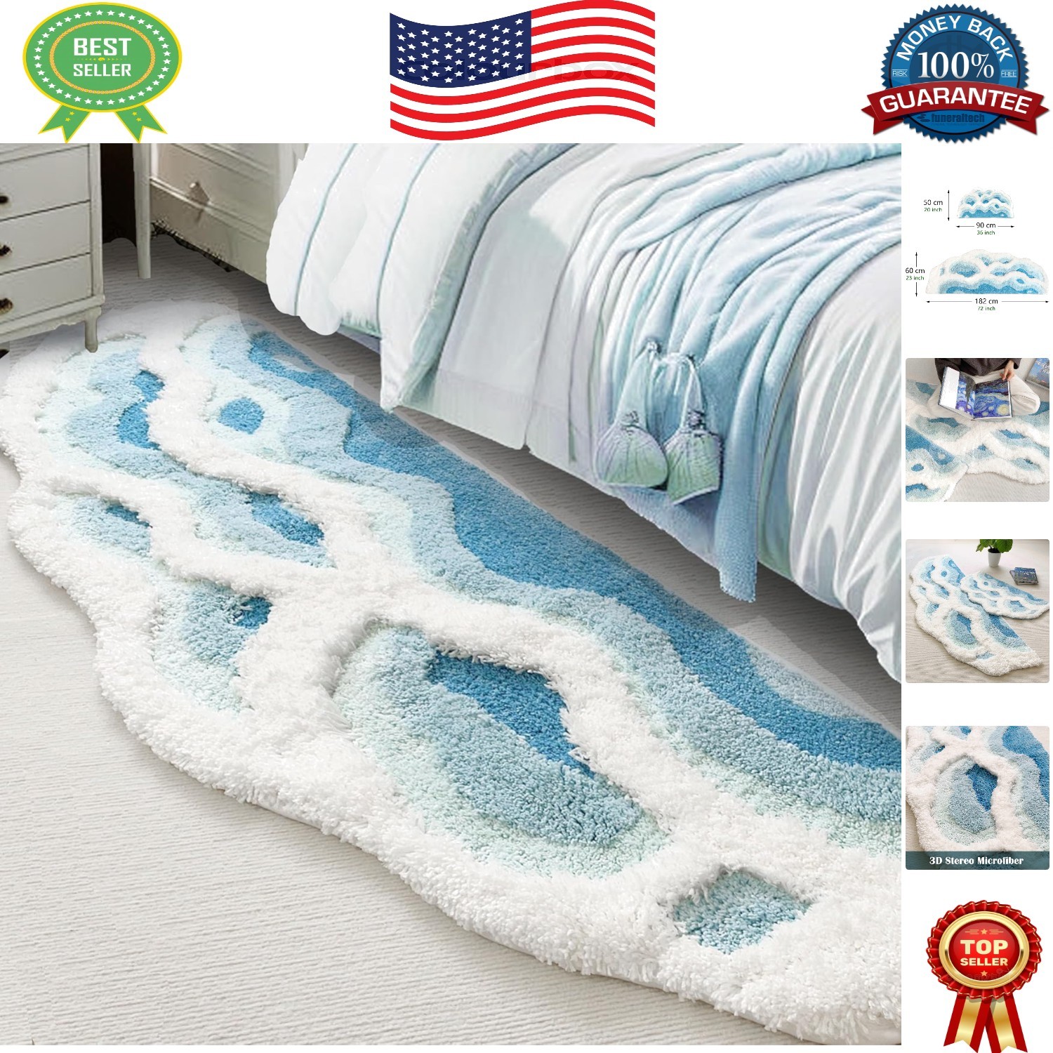 Elegant 3D Wave Moss Navy Blue Bath Rug 20″×36″ – Non-Slip & Washable