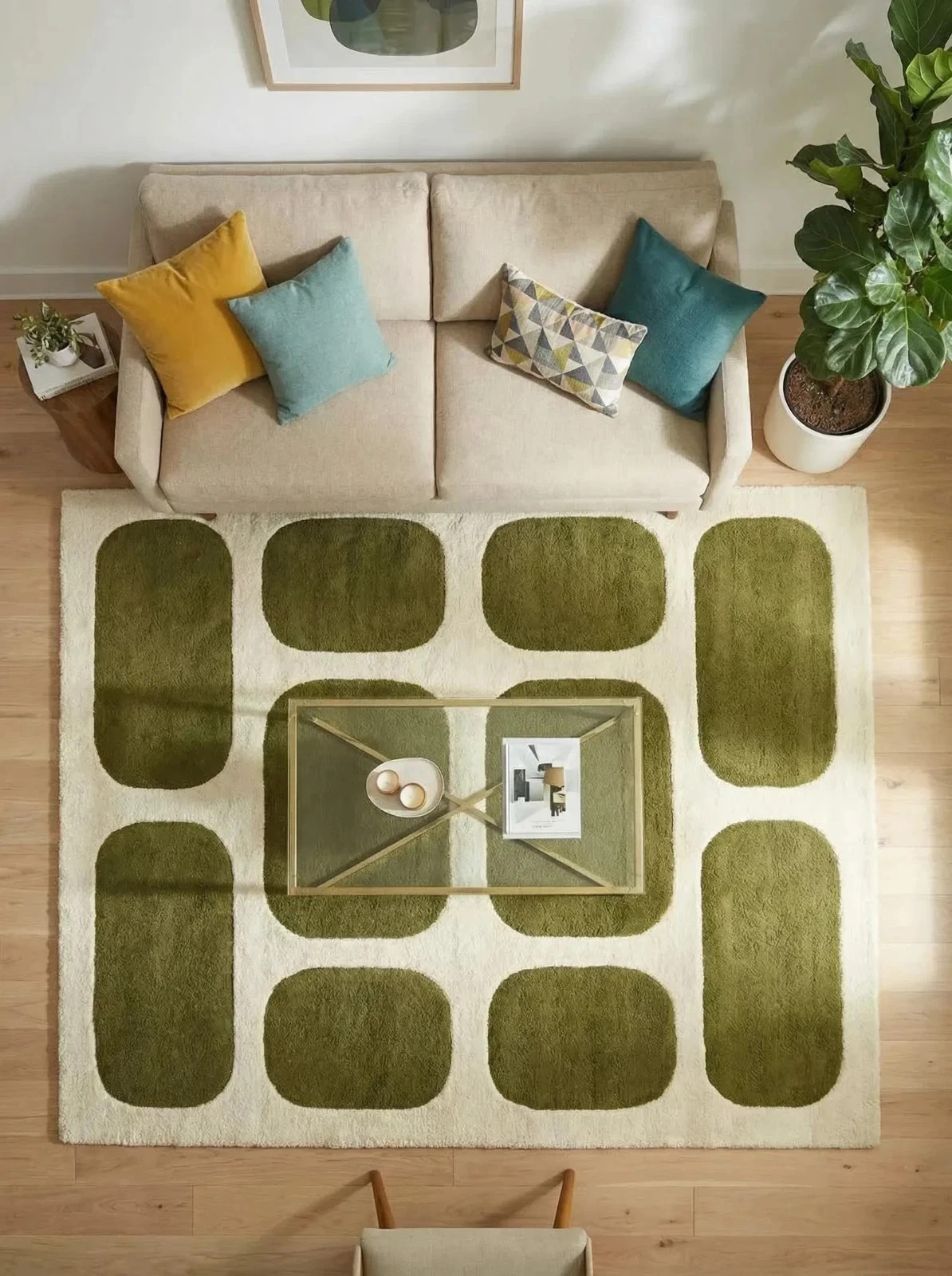 Modern Geometric Capsule Wool Rug – Olive Green & Cream Hand-Tufted Plush Area