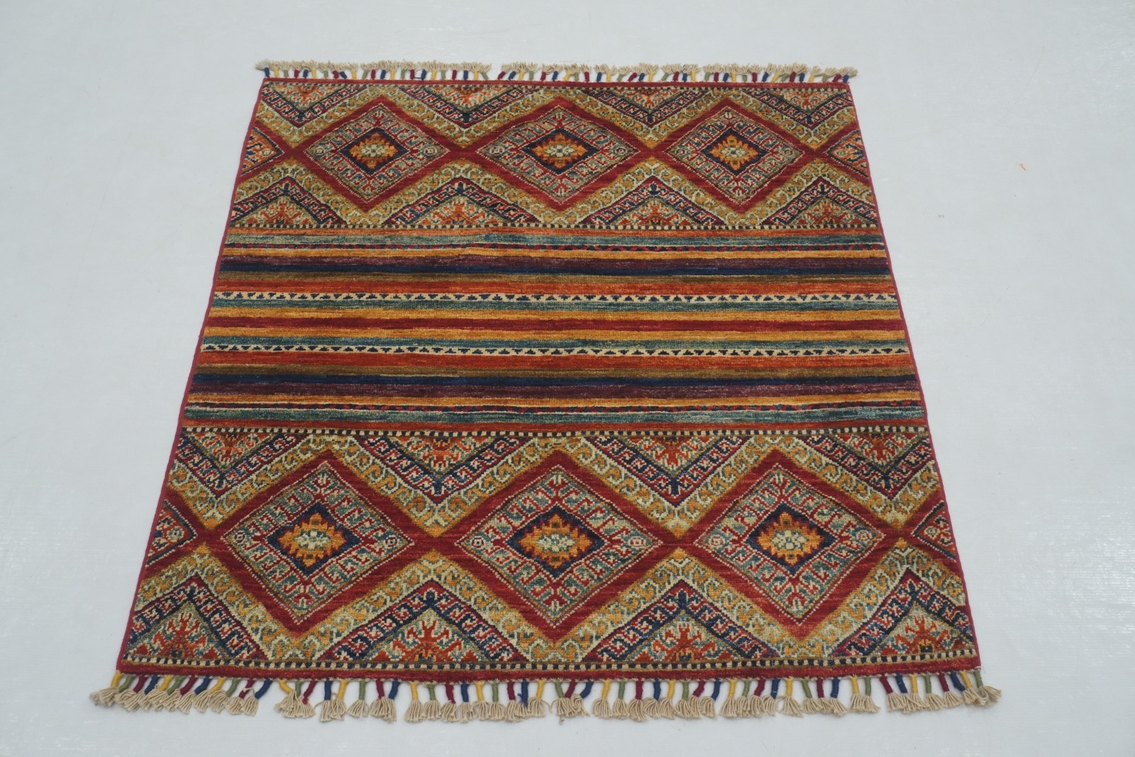 3×3 ft Red Khorjin Afghan Hand Knotted Wool Tribal Small Square Rug