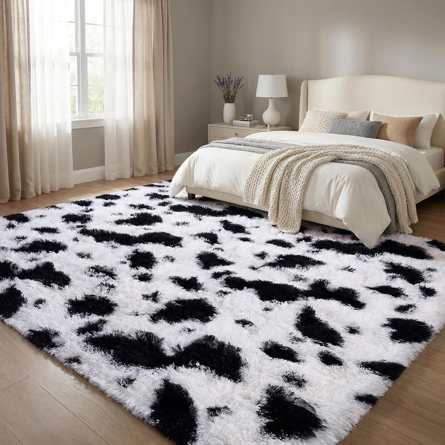 Elegant 4×6 Fluffy Black & White Cow Hide Print Rug – Non-Slip, Washable Comfort