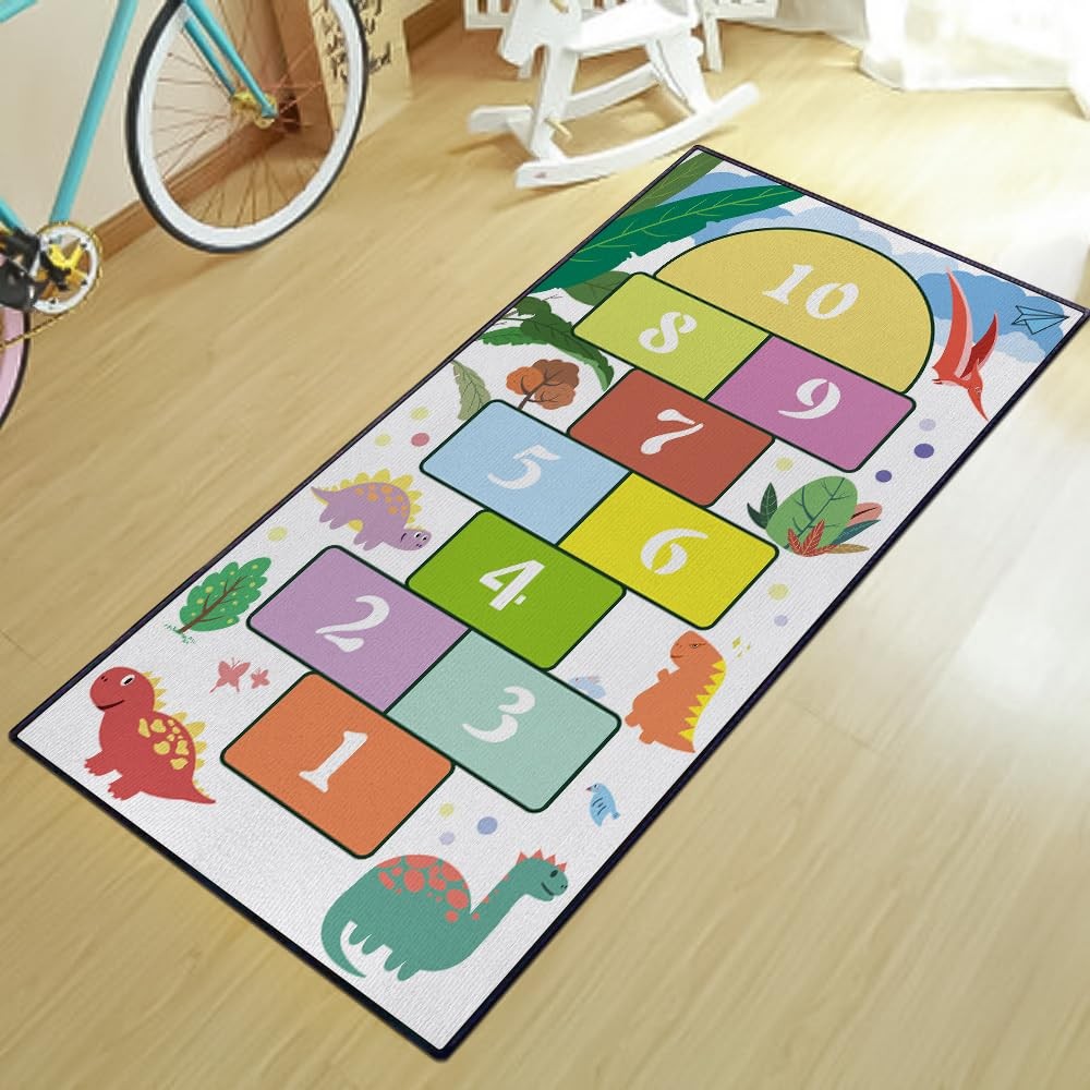 Dinosaur Hopscotch Numbers Play Area Rug for Kids Room Bedroom, Non-Slip Todd…